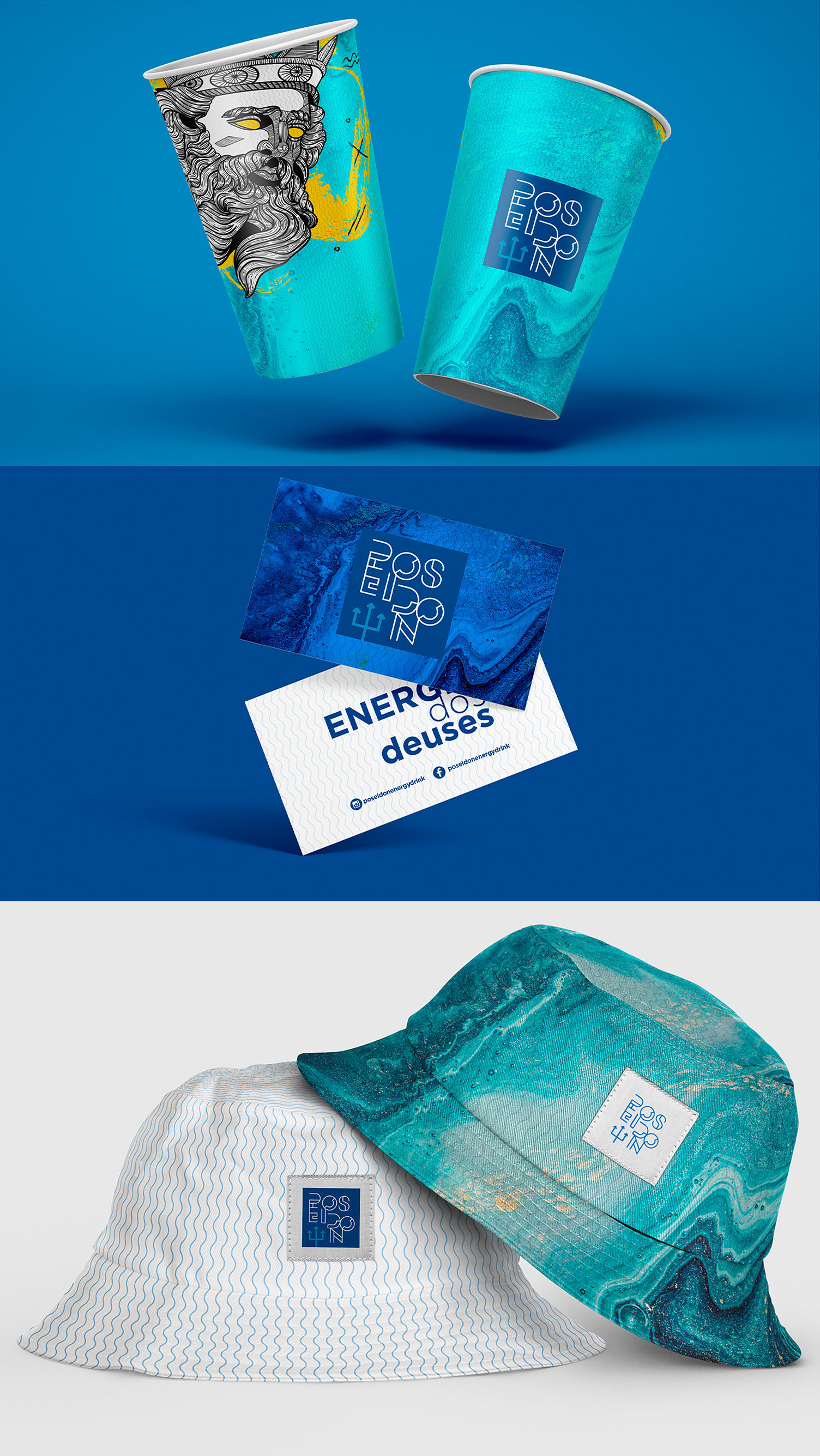Poseidon Energy Drink A collage of three pictures of a hat , a cup , and a card.