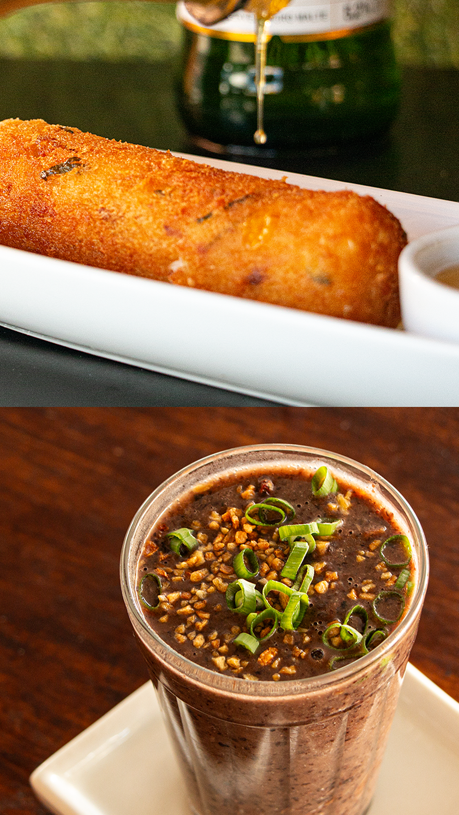 A plate of food and a cup of soup on a table.