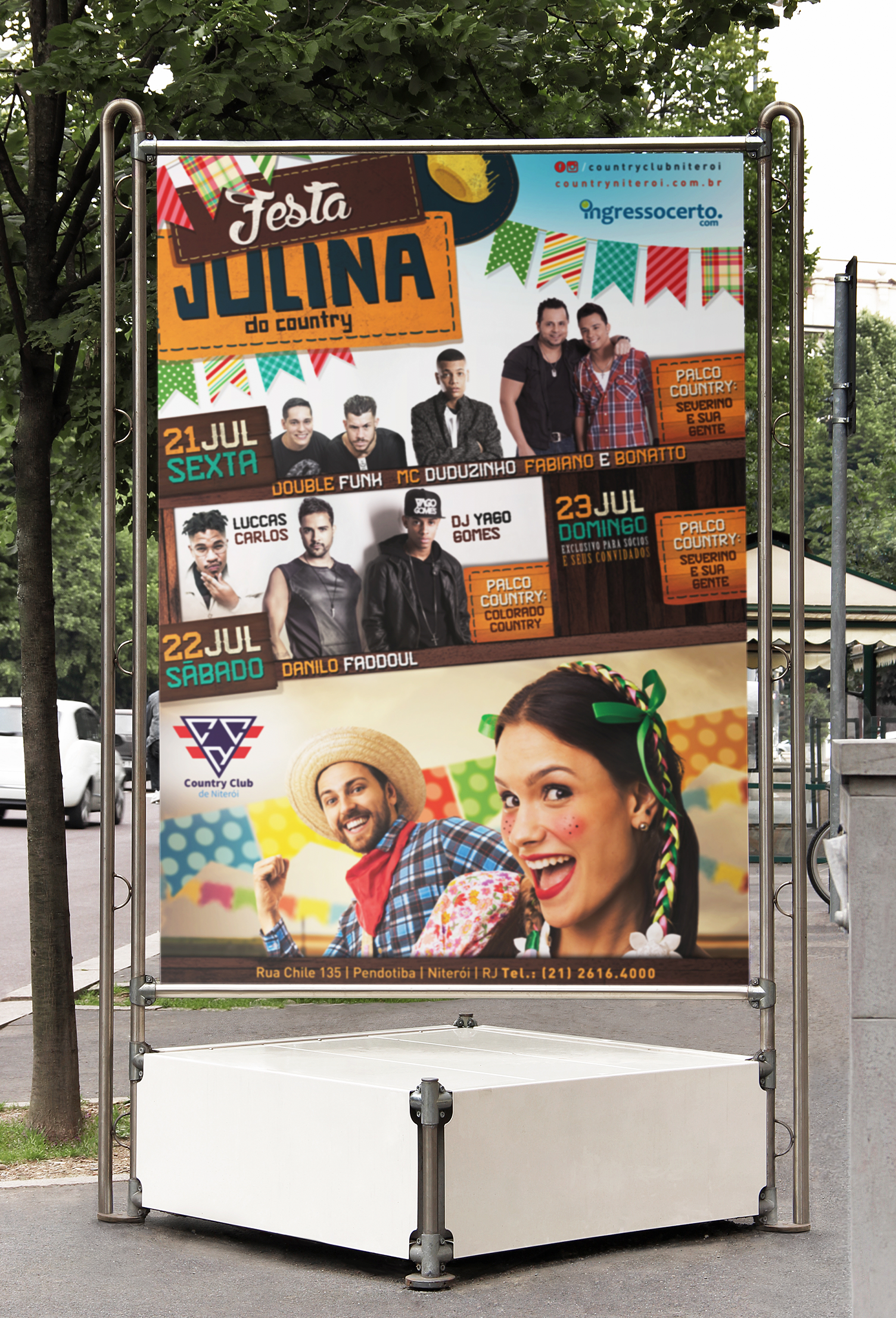 A poster for festa julina is hanging on a pole