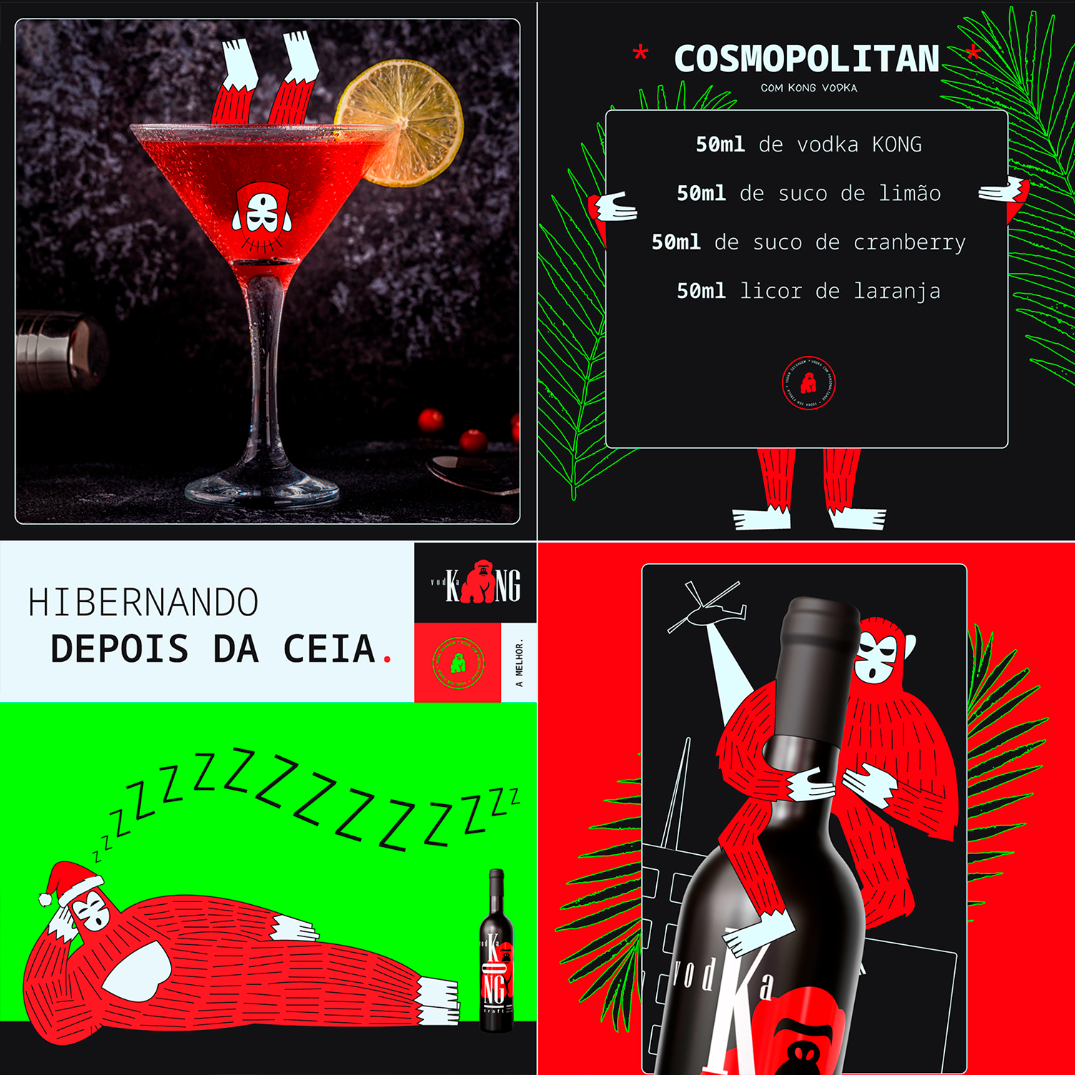 KONG Vodka Uma colagem de quatro imagens incluindo um martini e uma garrafa de vinho