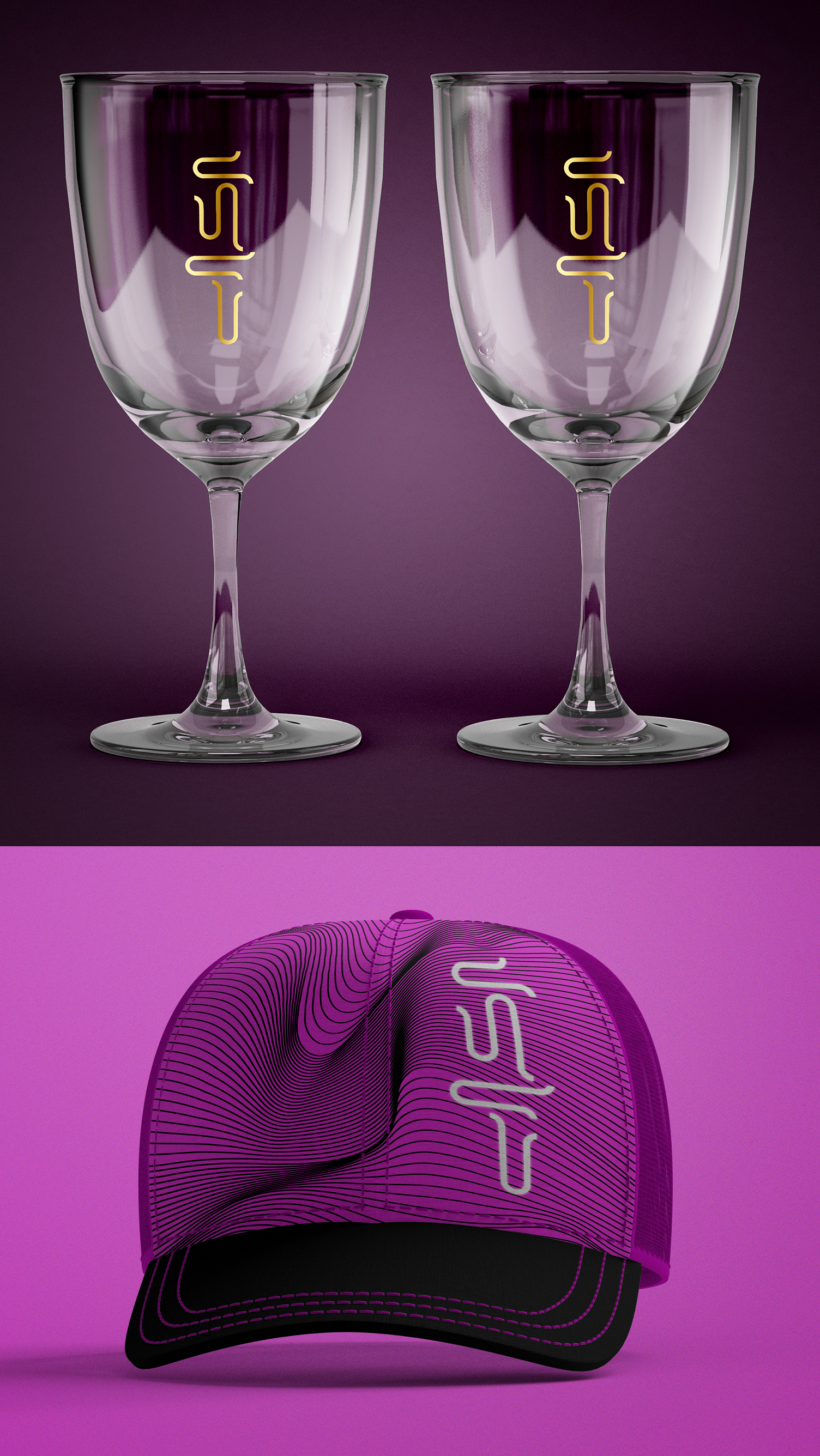 Boate Casa Um par de taças de vinho e um chapéu roxo sobre uma superfície roxa.