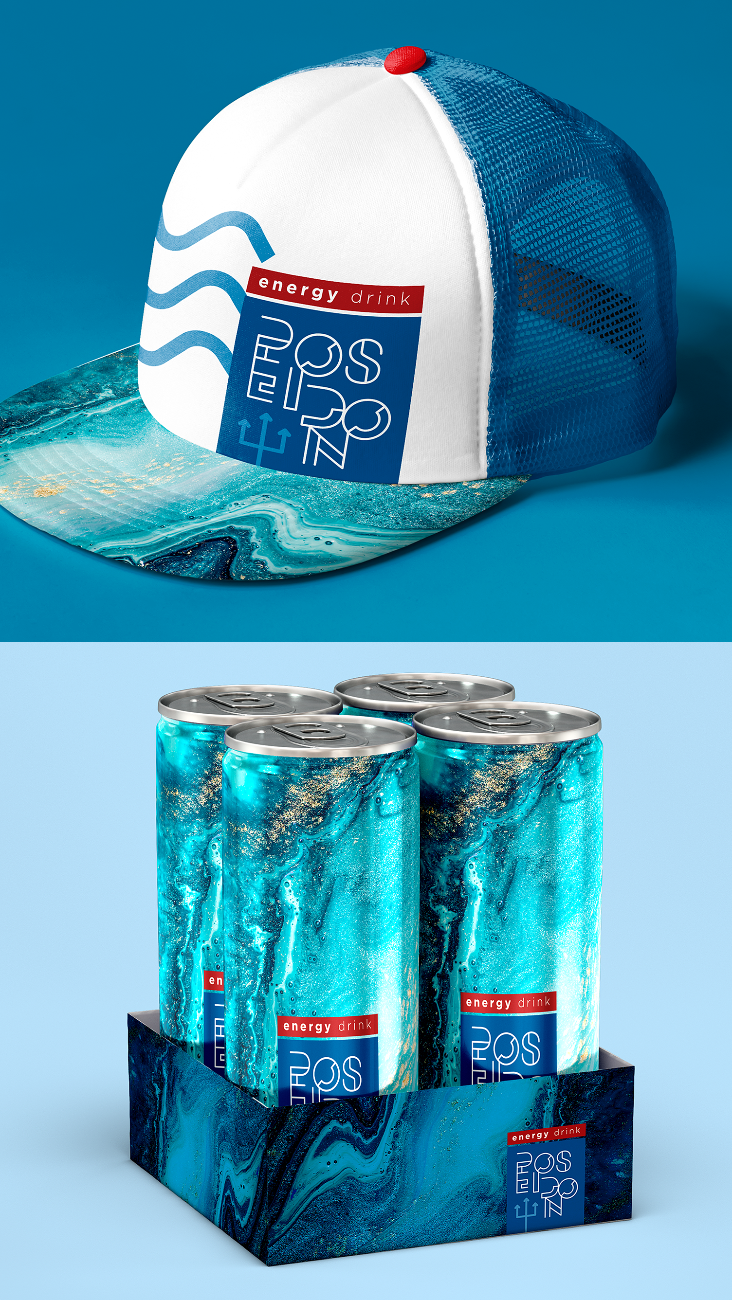 Poseidon Energy Drink A hat and a pack of cans of soda on a blue background.
