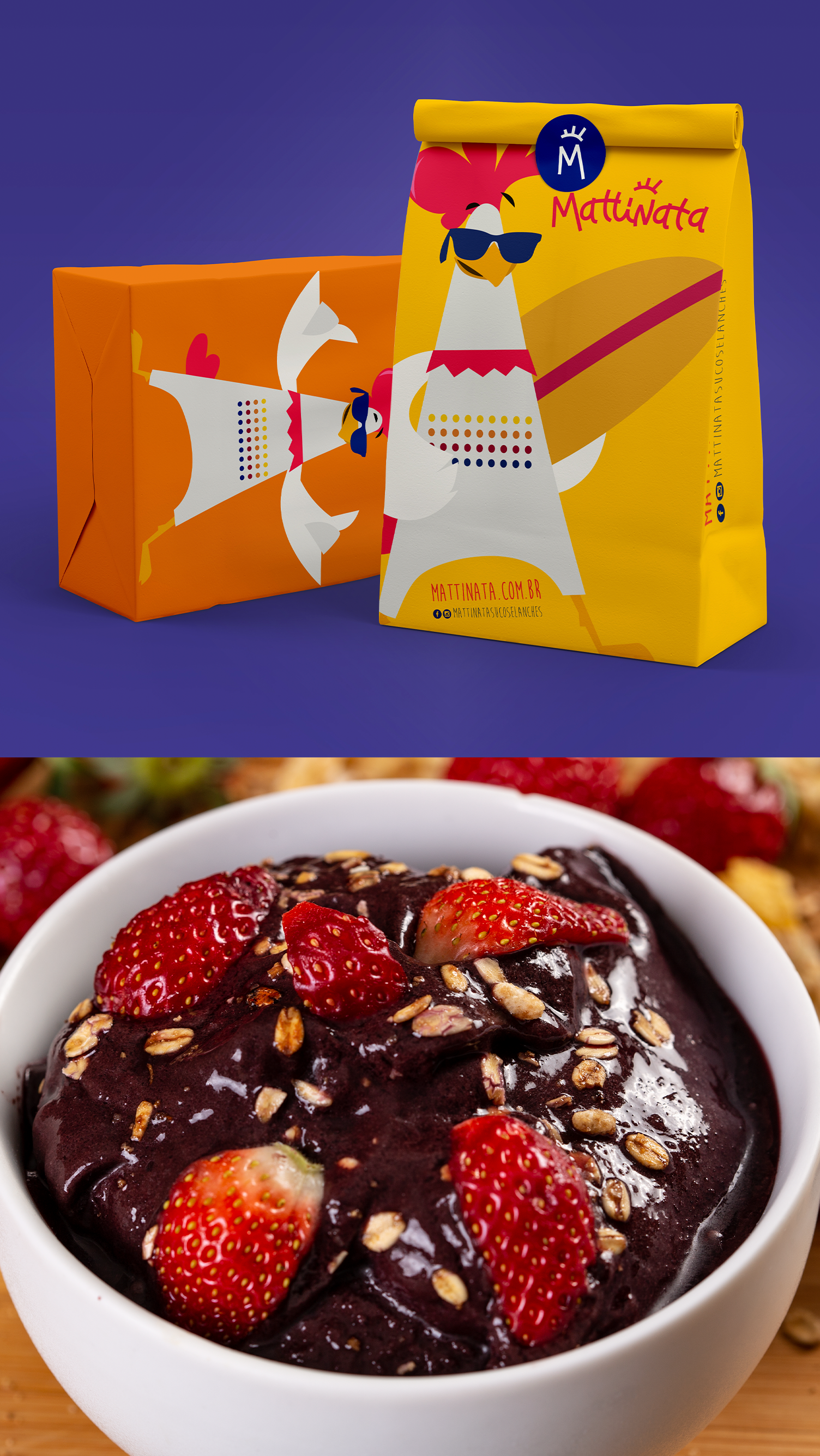 Mattinata Uma tigela de açaí com morangos ao lado de um saco de açaí