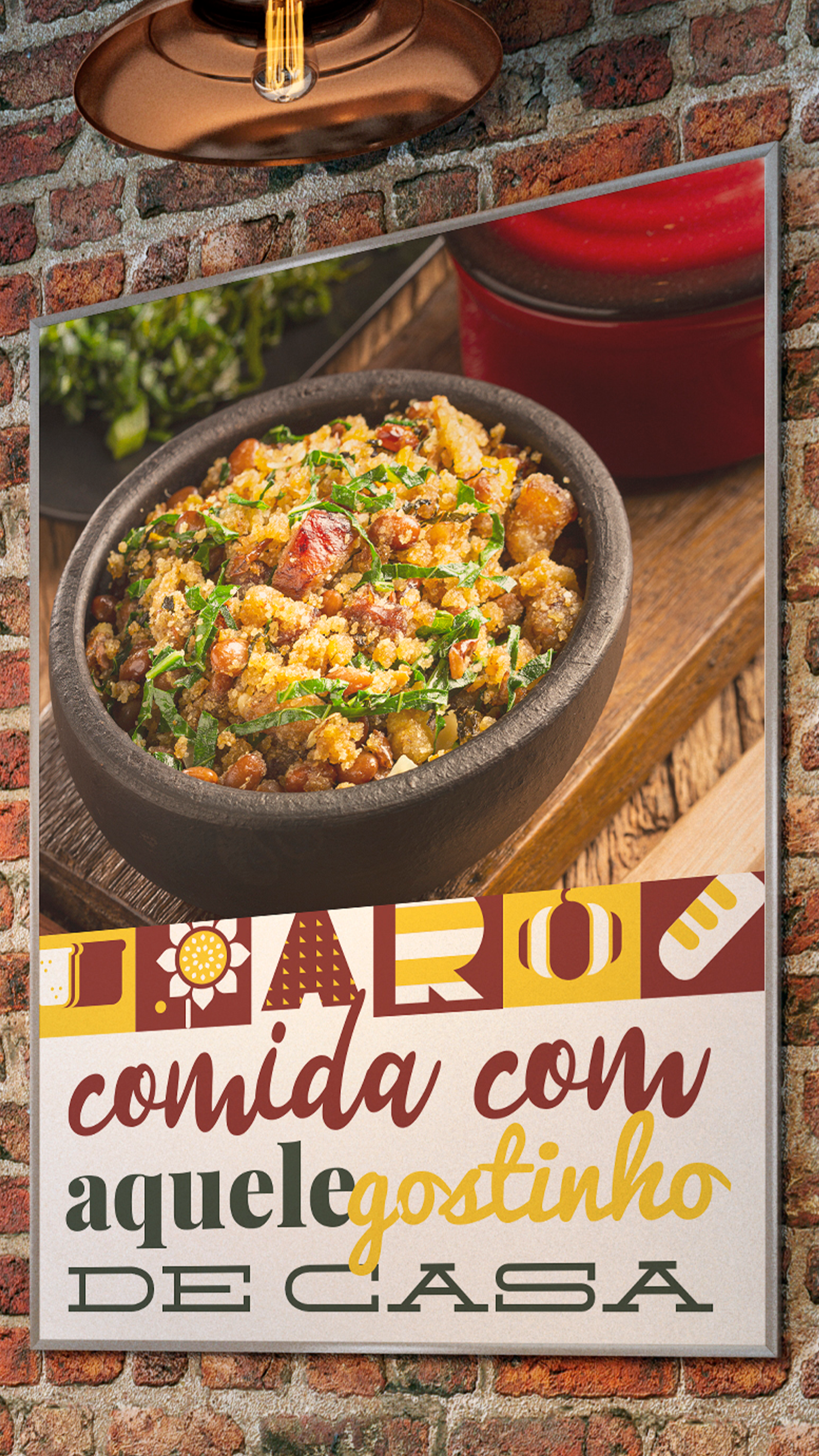 Um pôster com uma tigela de comida em uma parede de tijolos.
