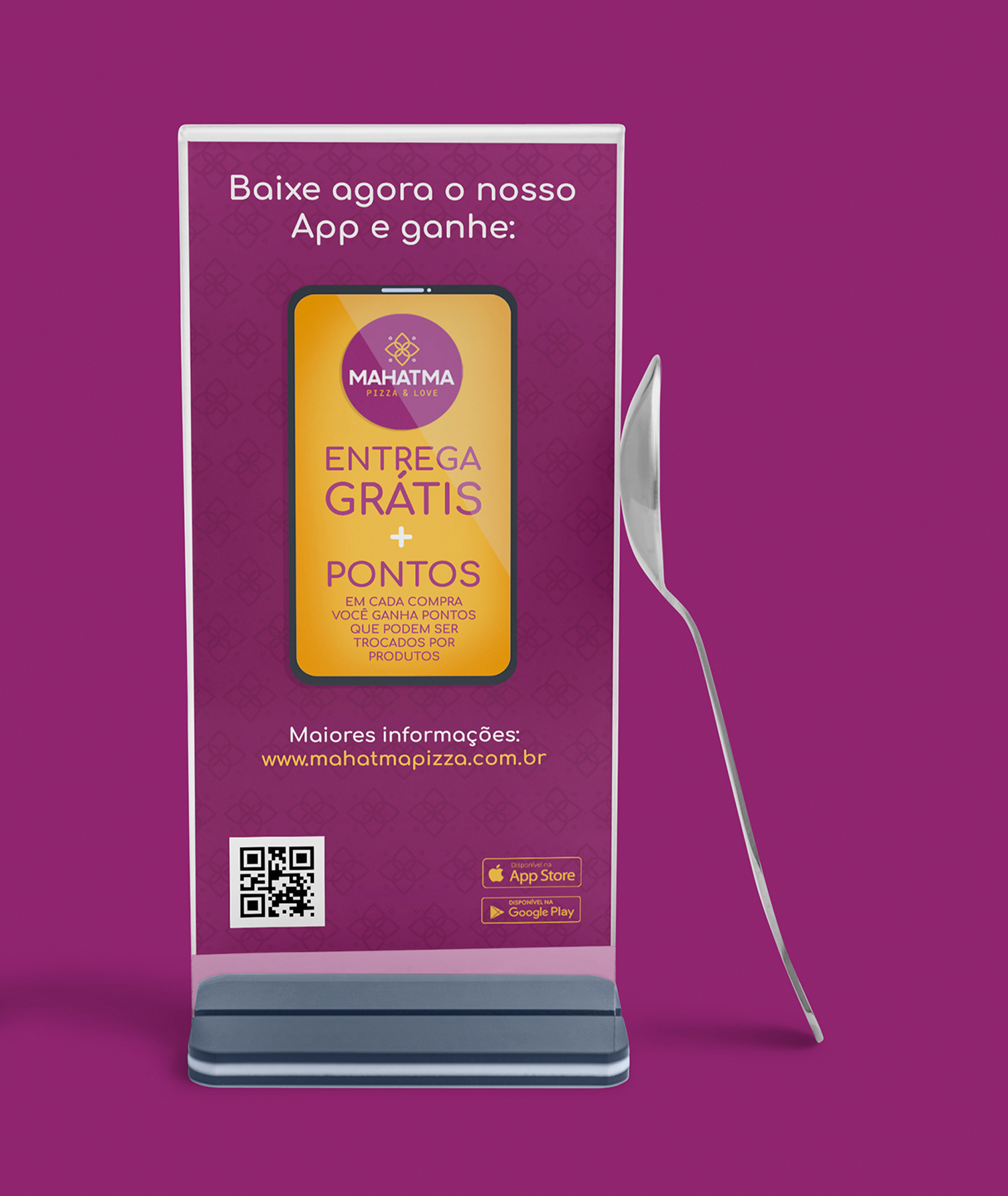 Mahatma Pizzas Uma placa roxa com um telefone e um garfo.