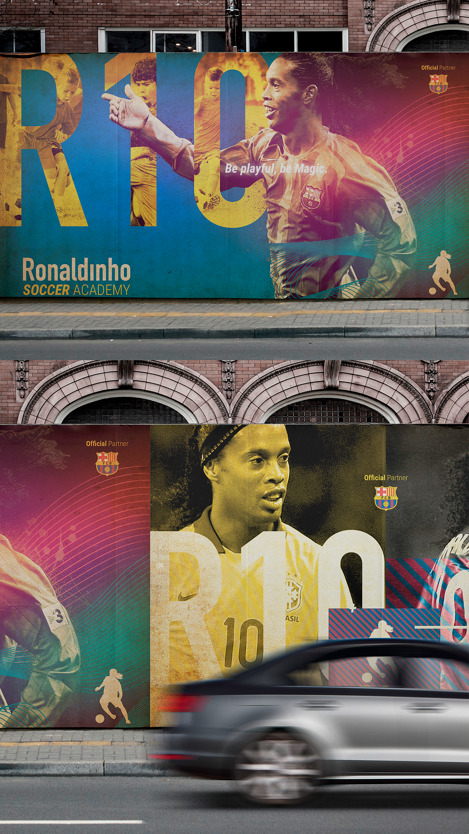 Ronaldinho Soccer Academy Um carro passa por um outdoor de Ronaldinho.