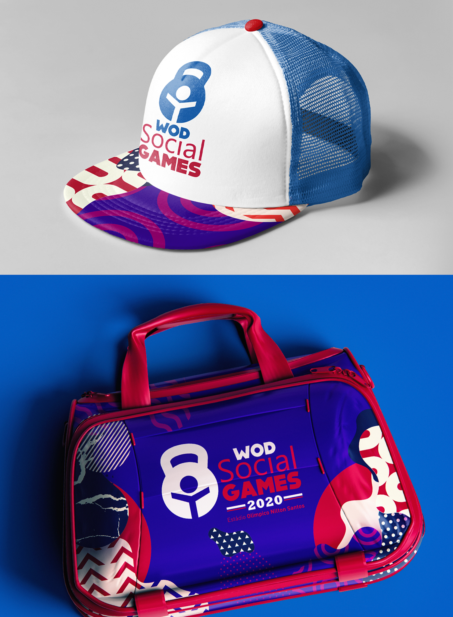 Um chapéu e uma bolsa estão sobre uma superfície azul.