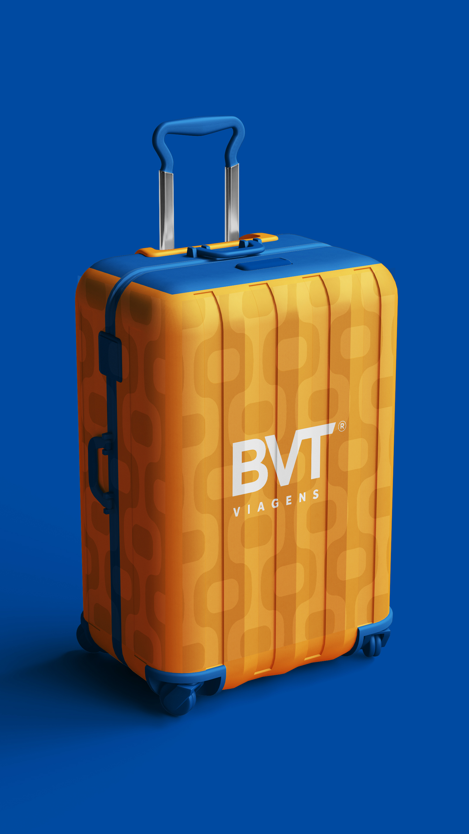 BVT Viagens Uma mala amarela com uma alça azul sobre um fundo azul.
