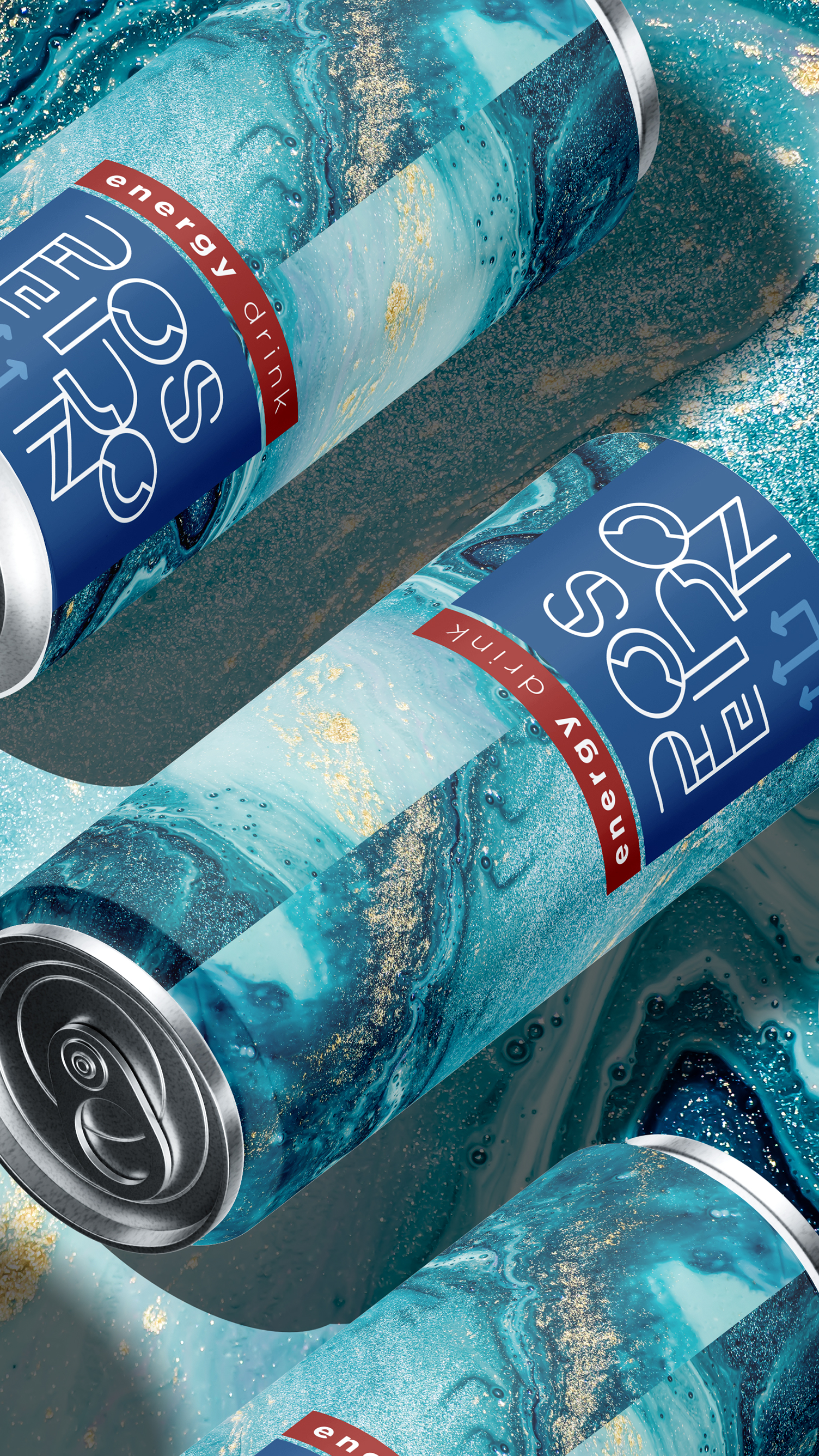 Poseidon Energy Drink A bunch of cans of soda are stacked on top of each other