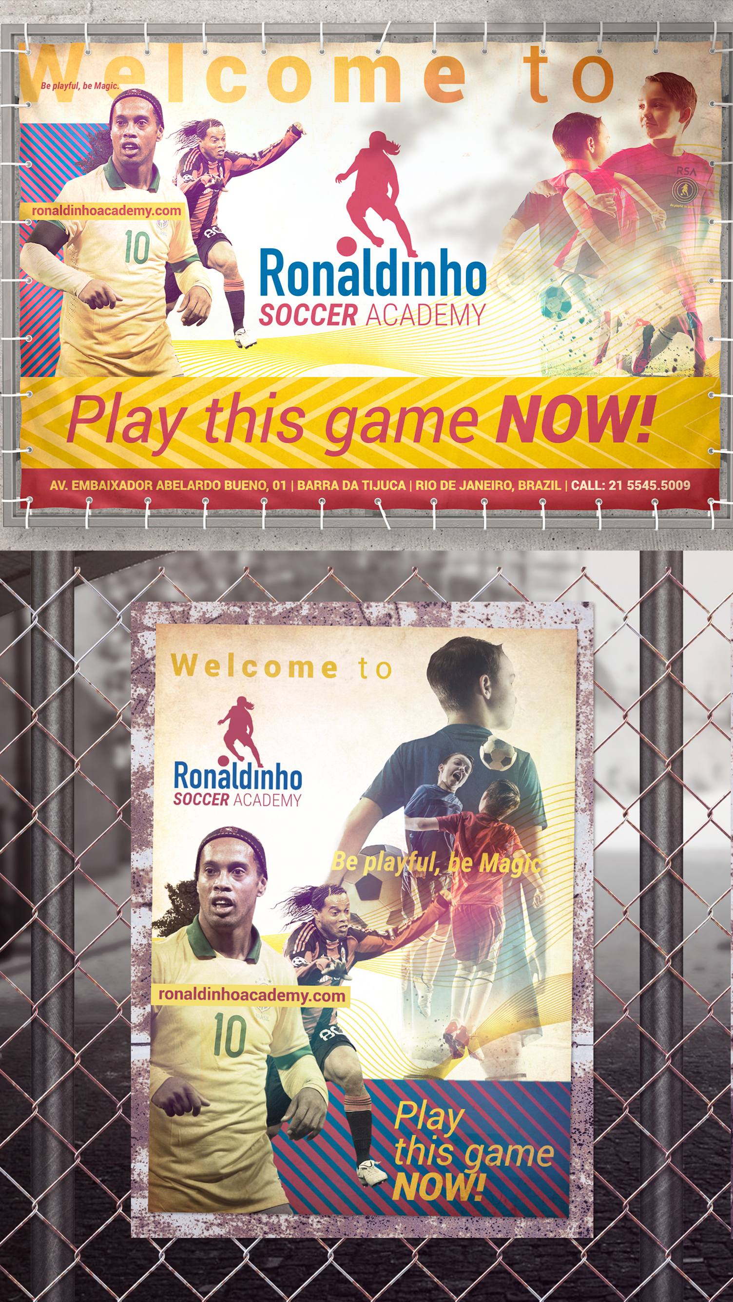 Ronaldinho Soccer Academy Dois cartazes em uma cerca de arame anunciando a academia de futebol Ronaldinho