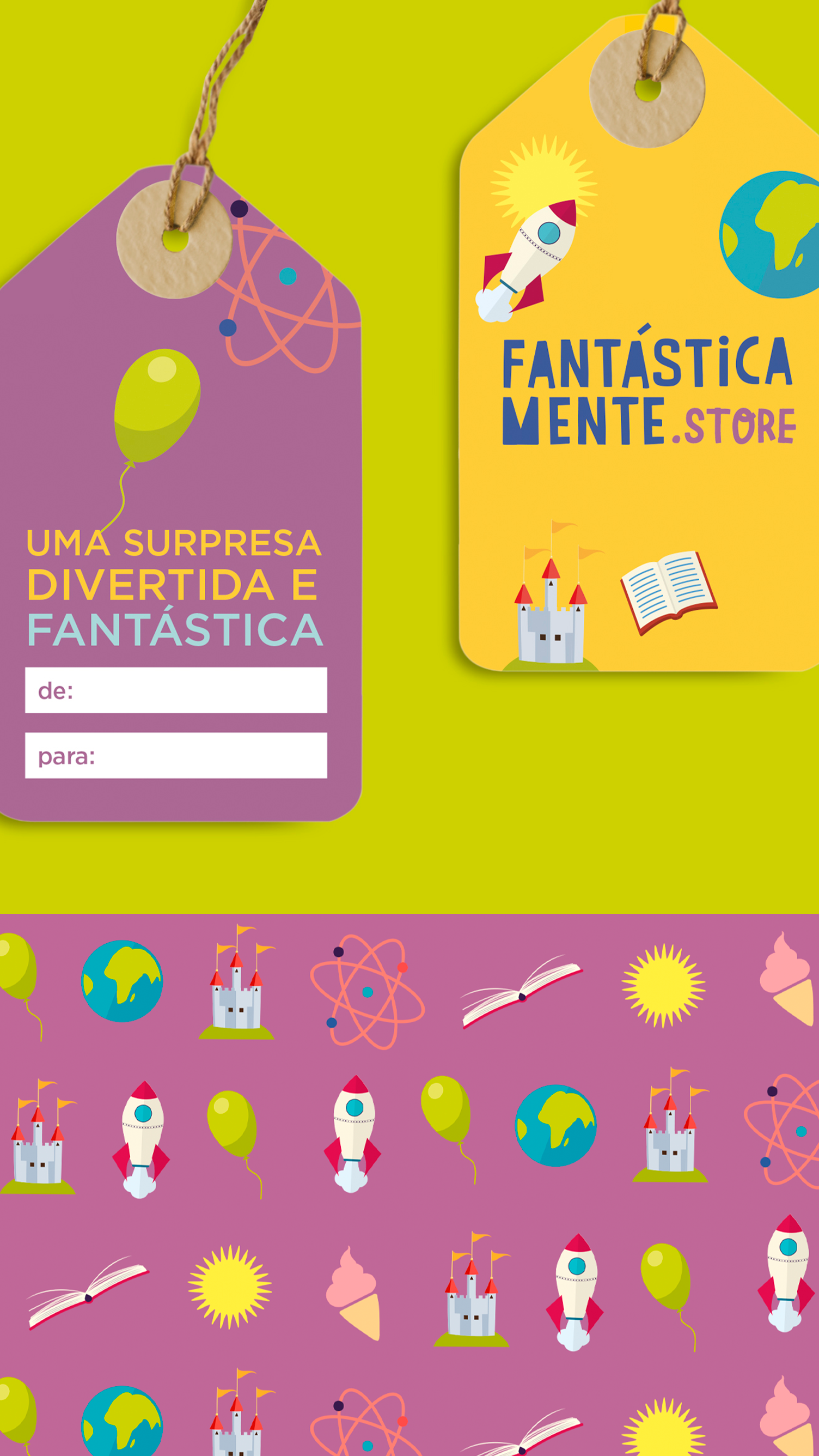 Uma etiqueta amarela e roxa que diz loja fantastica mente