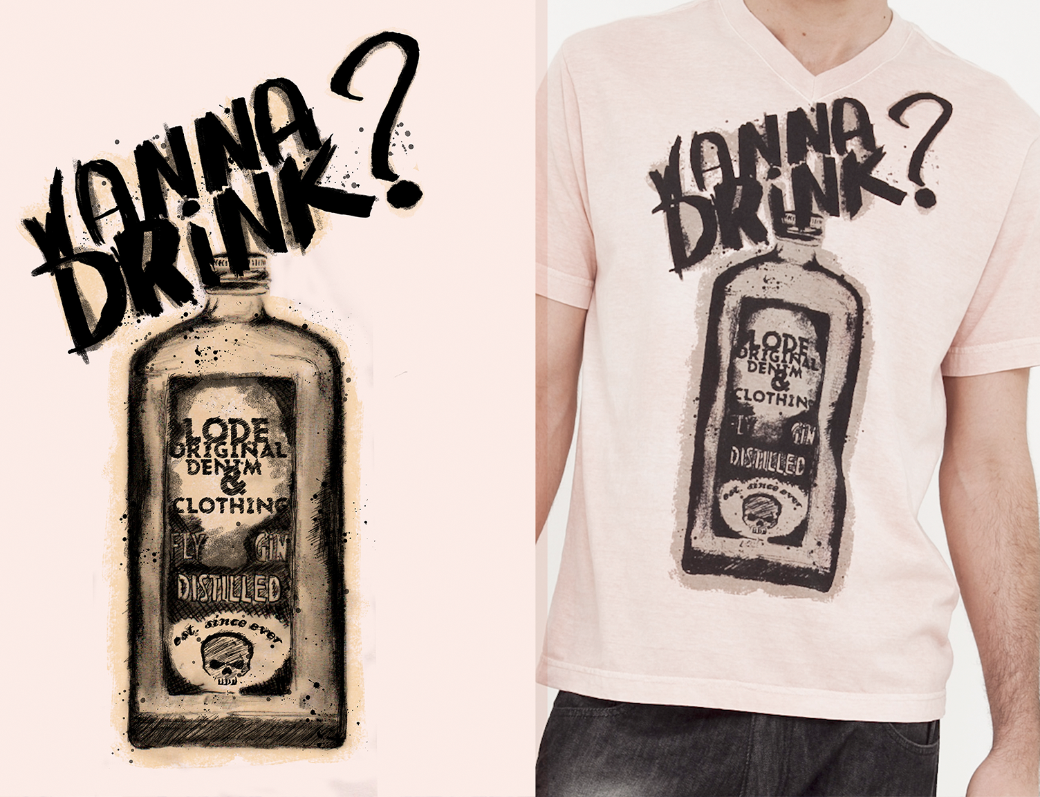 A man is wearing a t-shirt that says wanna drink