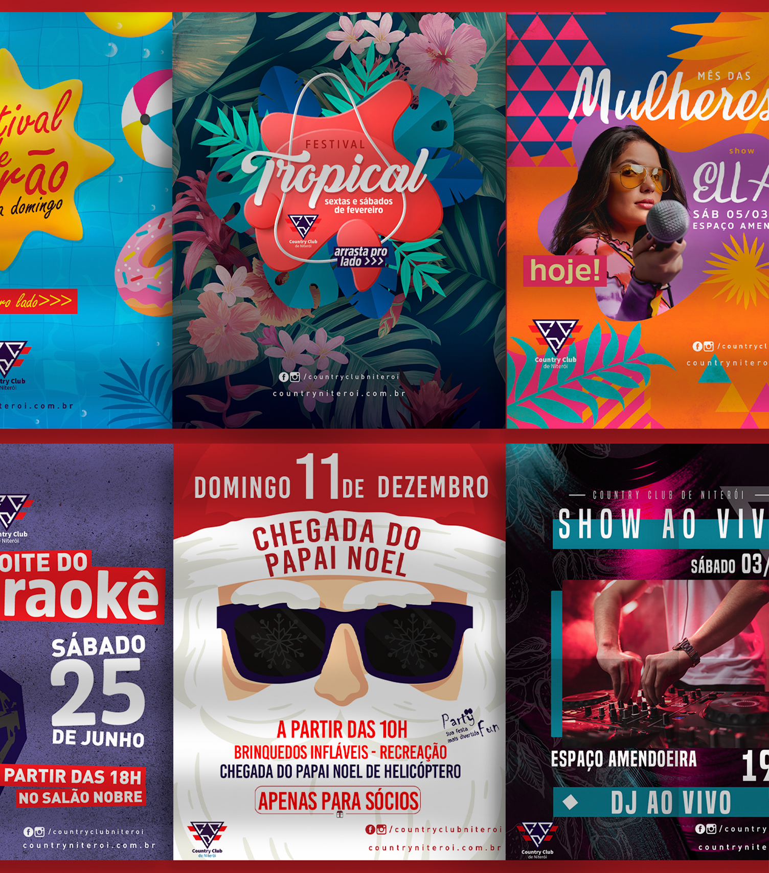 Uma colagem de cartazes para vários eventos, incluindo tropicais
