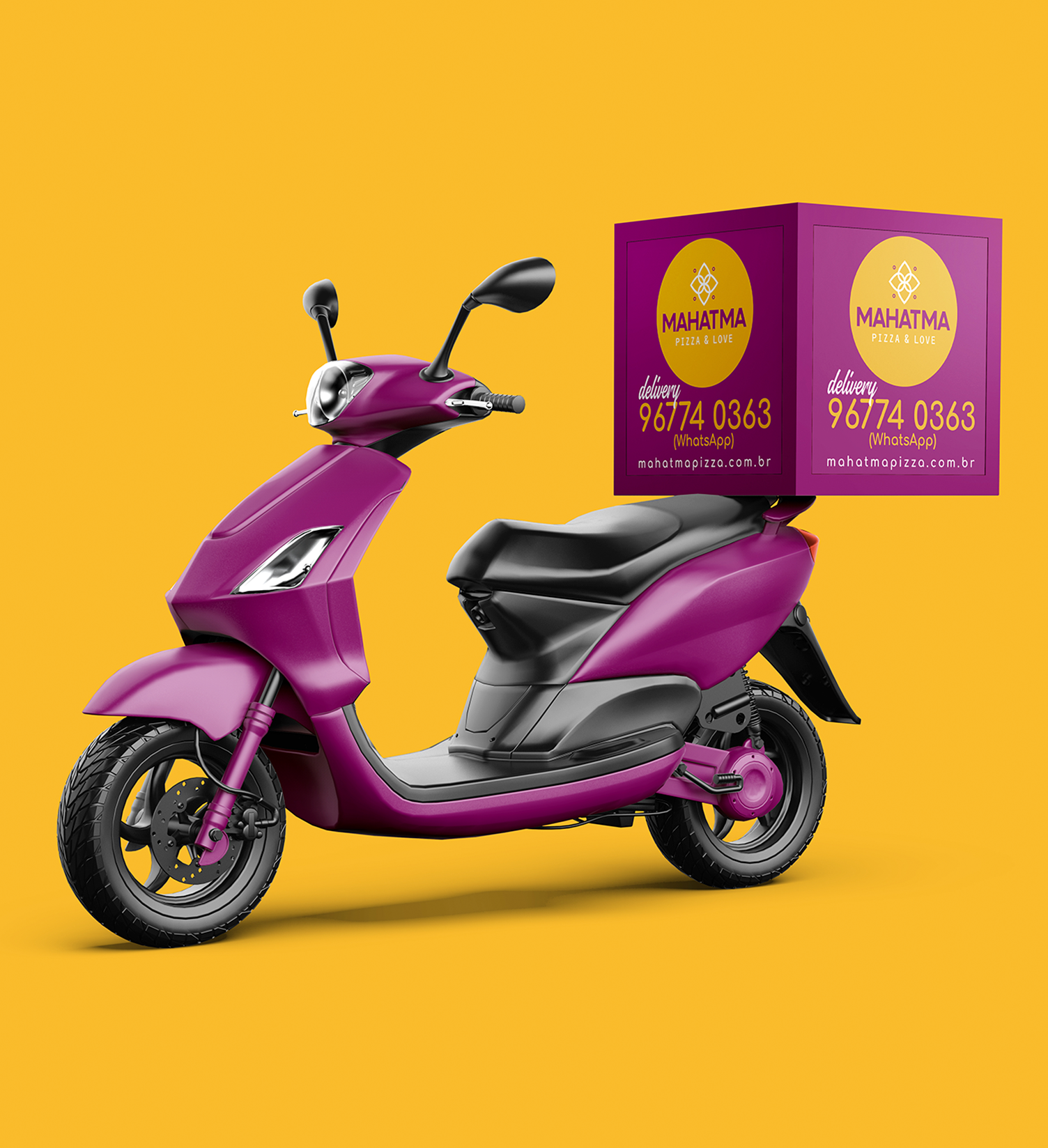 Mahatma Pizzas Uma scooter roxa com uma caixa nas costas sobre um fundo amarelo.
