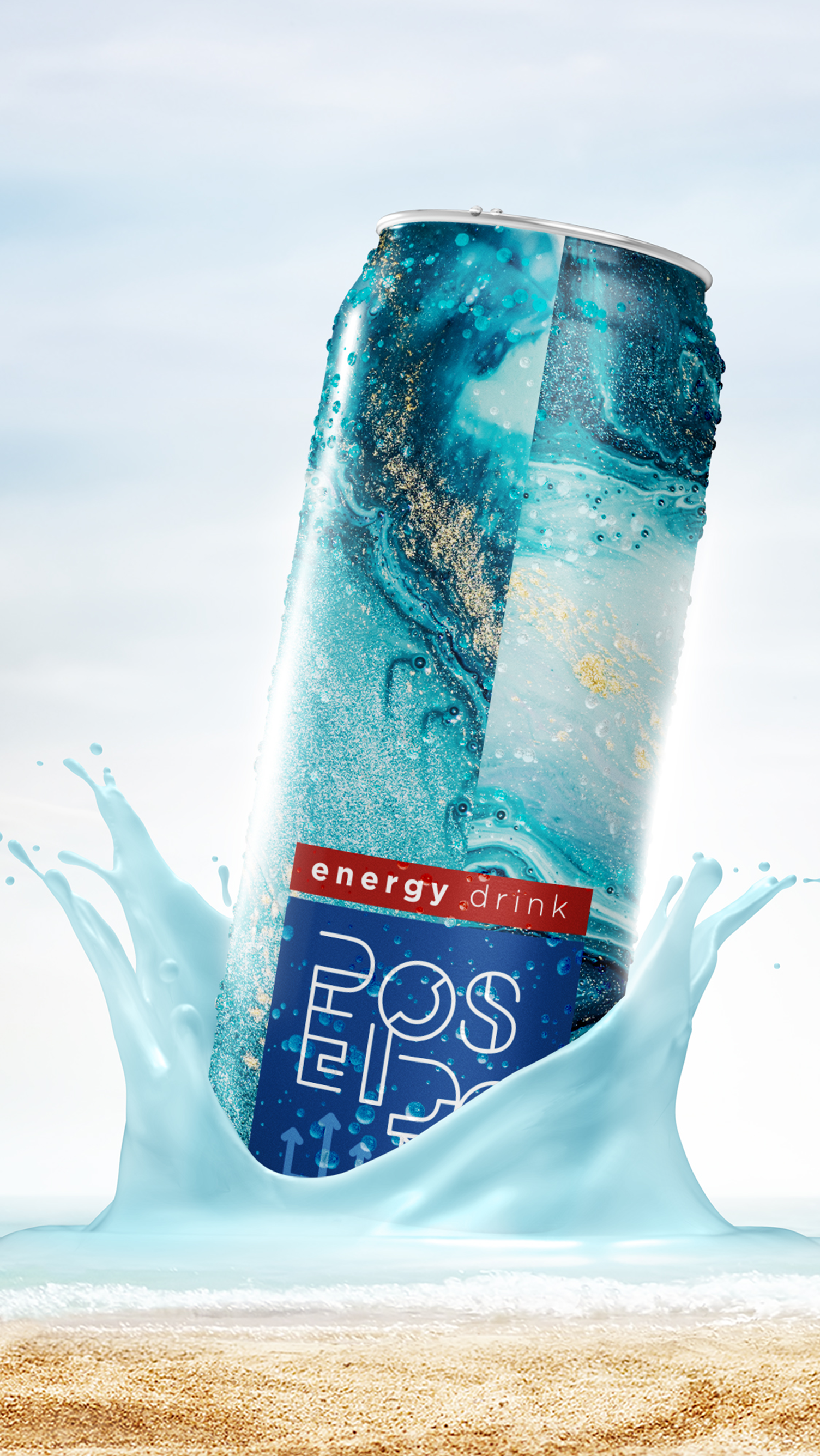 Poseidon Energy Drink A can of pepsi is splashing water on the beach.