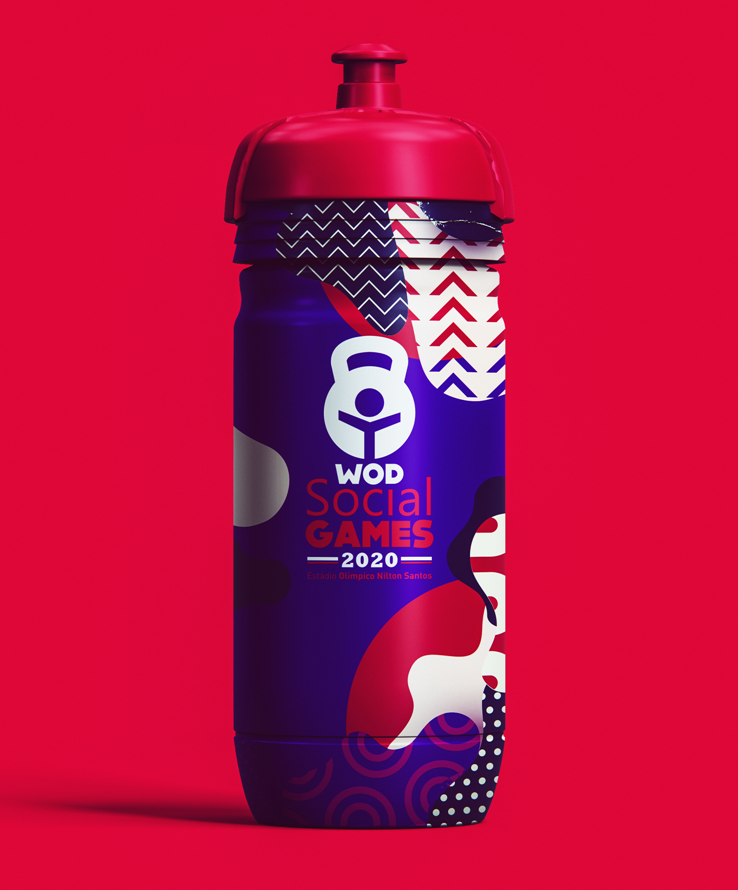 Uma garrafa de água azul com as palavras wod social games 2020