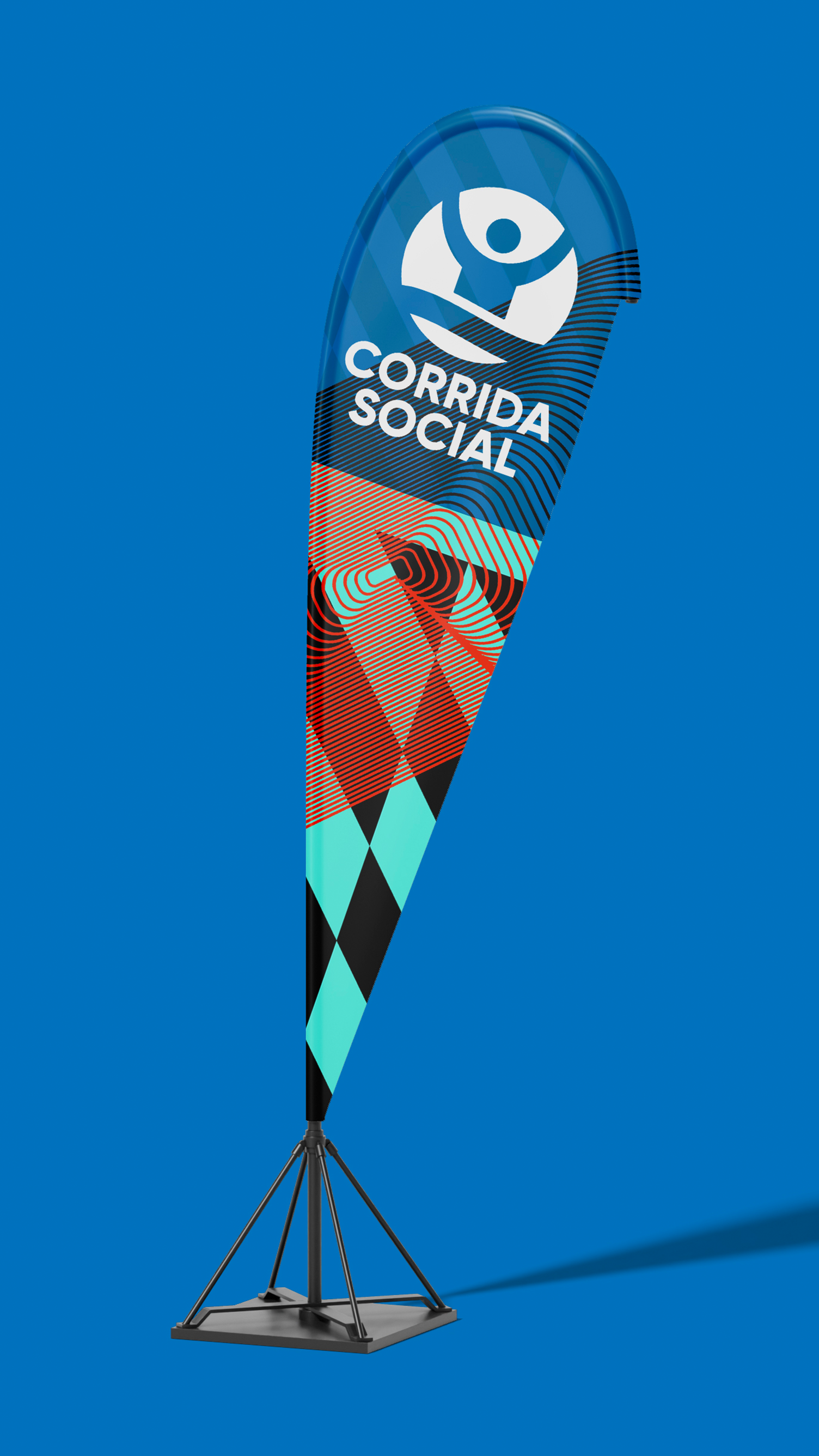 Corrida Social Uma bandeira em forma de lágrima está sobre um suporte sobre um fundo azul.