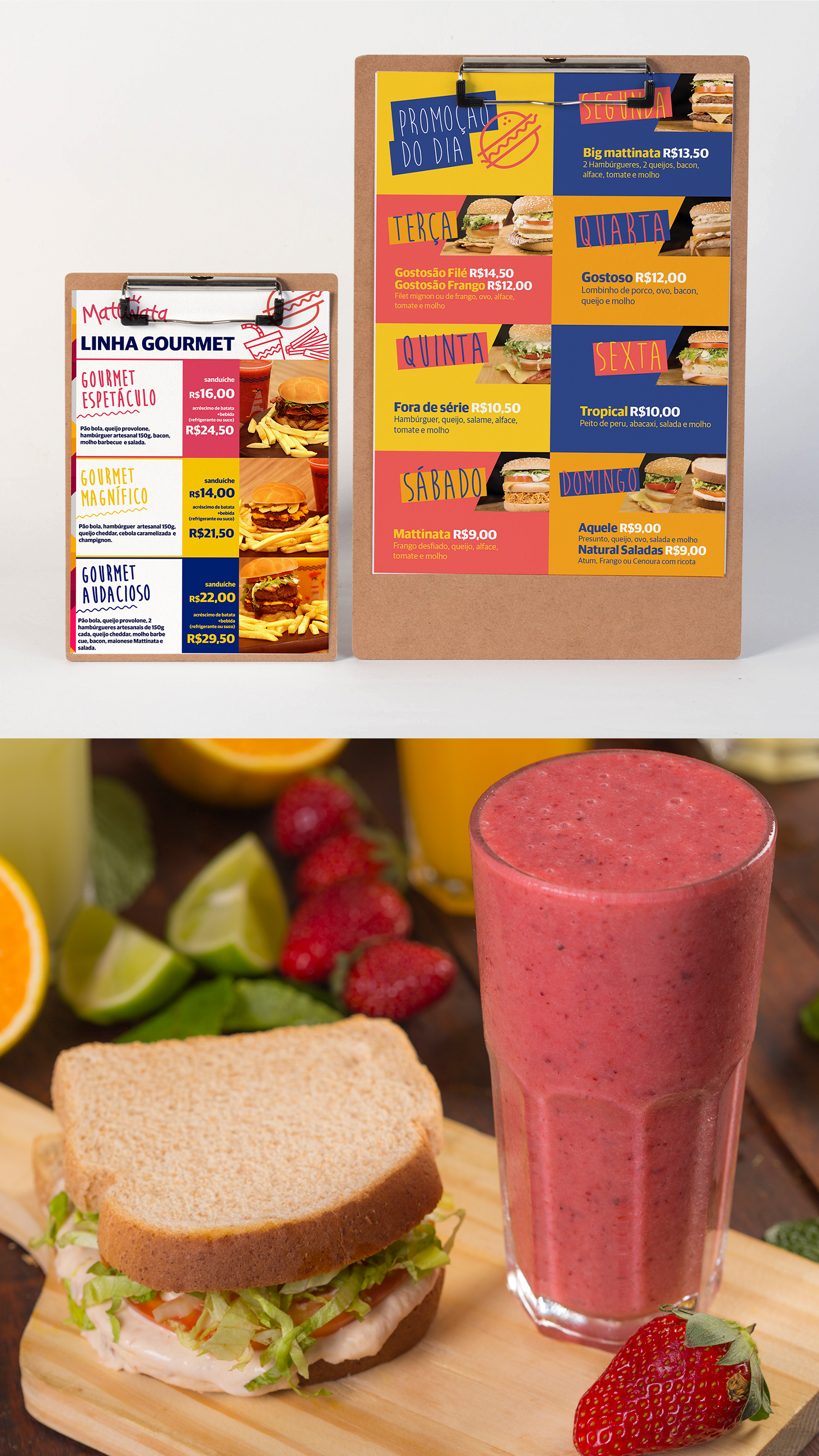 Mattinata Um sanduíche e um smoothie estão em uma tábua de madeira.