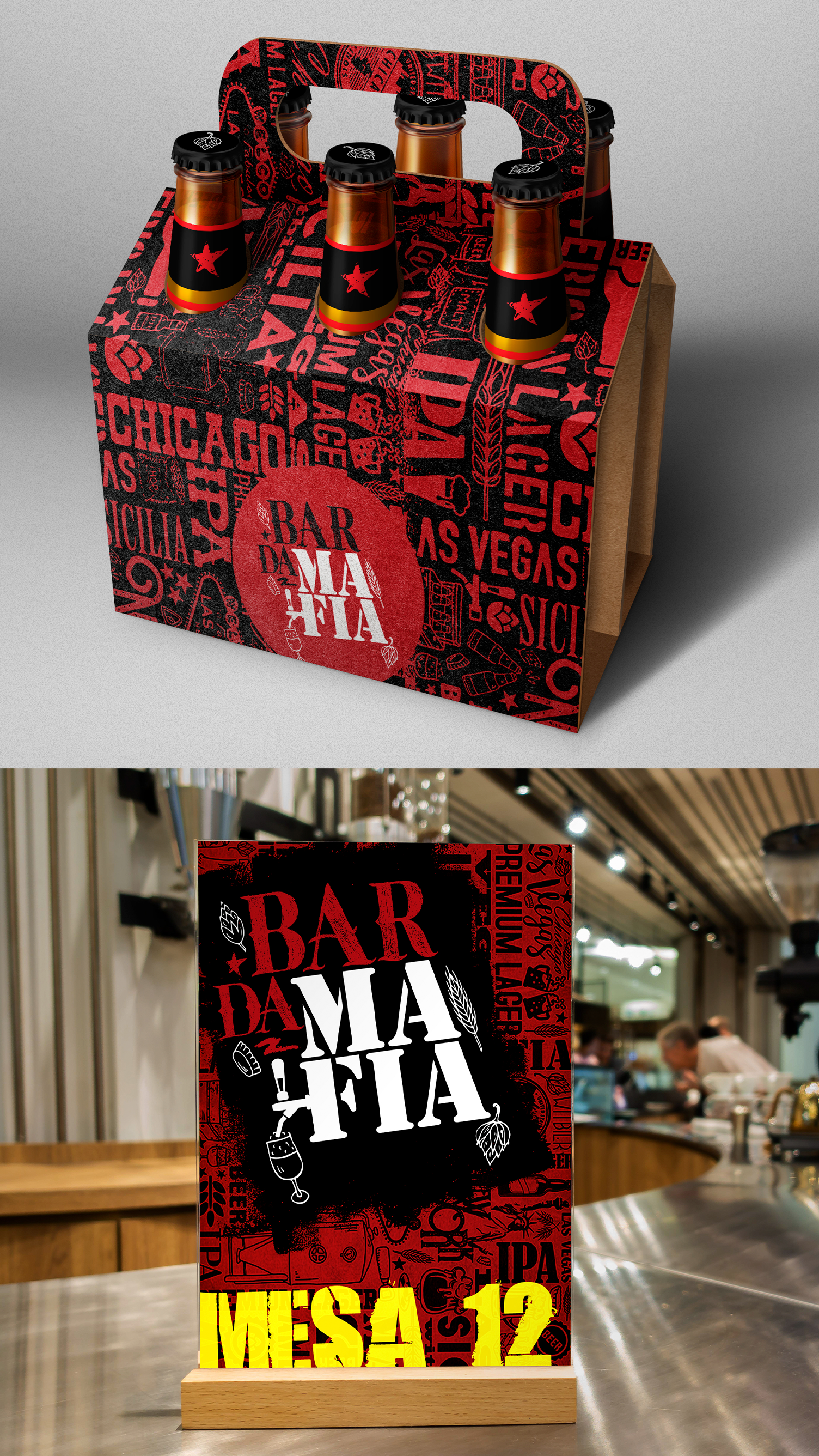 BAR DA MAFIA Um pacote com seis cervejas está sobre uma mesa ao lado de uma placa que diz mesa 12