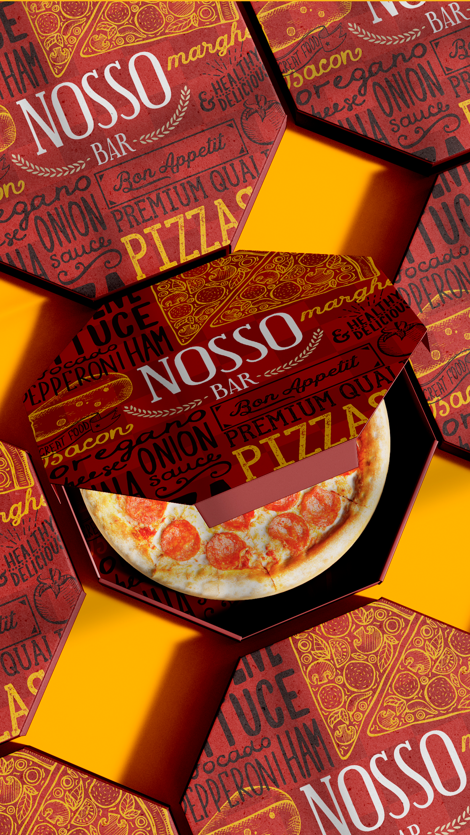 A pizza in a box that says nosso pizza