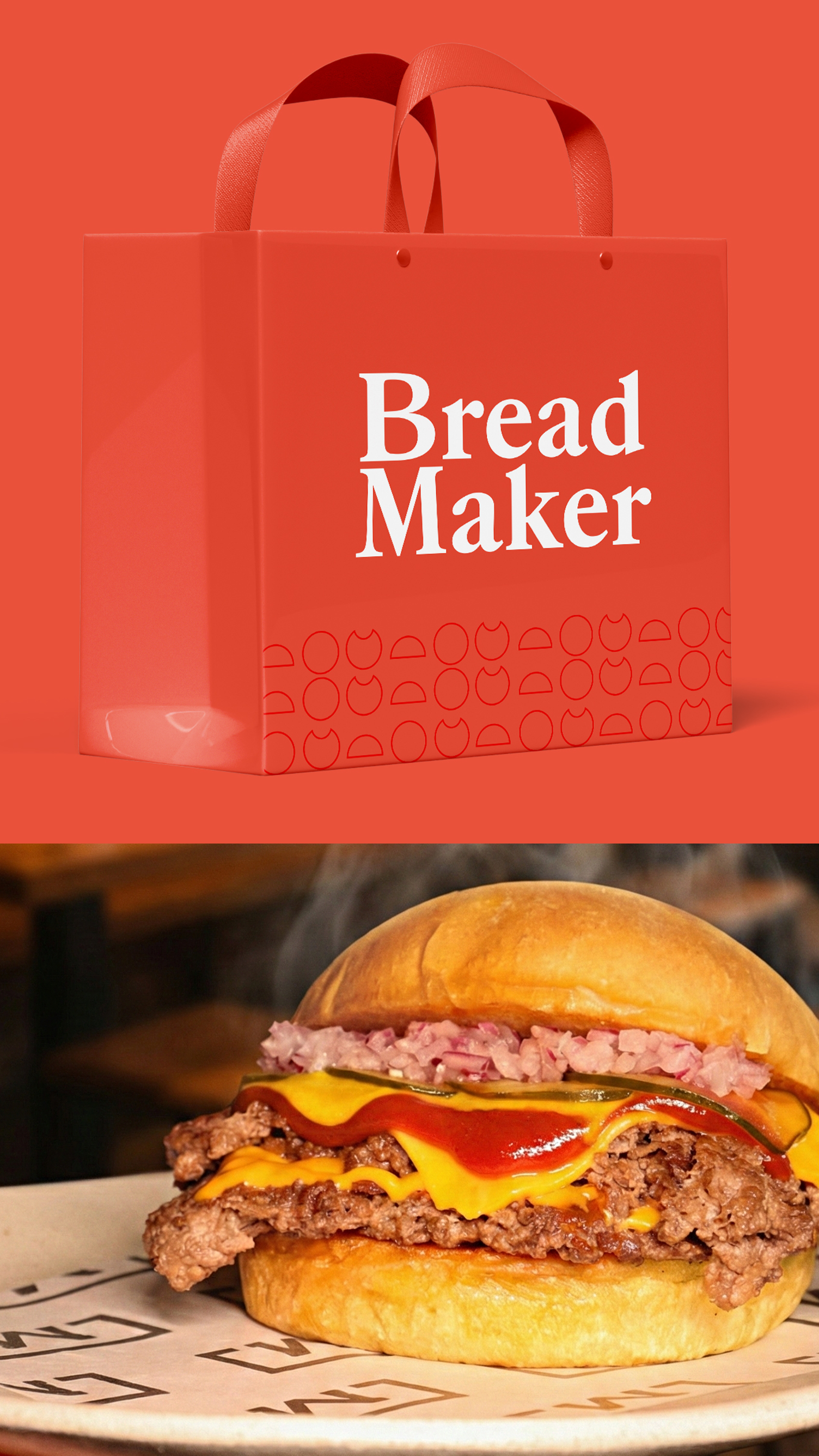 Bread Maker Design Um homem está segurando um hambúrguer na frente de uma multidão de pessoas.