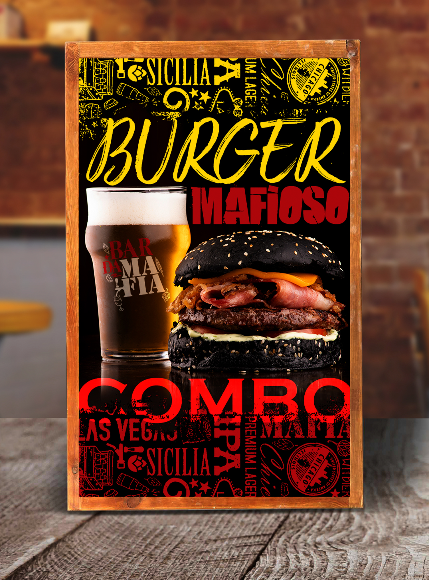 BAR DA MAFIA Um pôster com um hambúrguer e um copo de cerveja nele