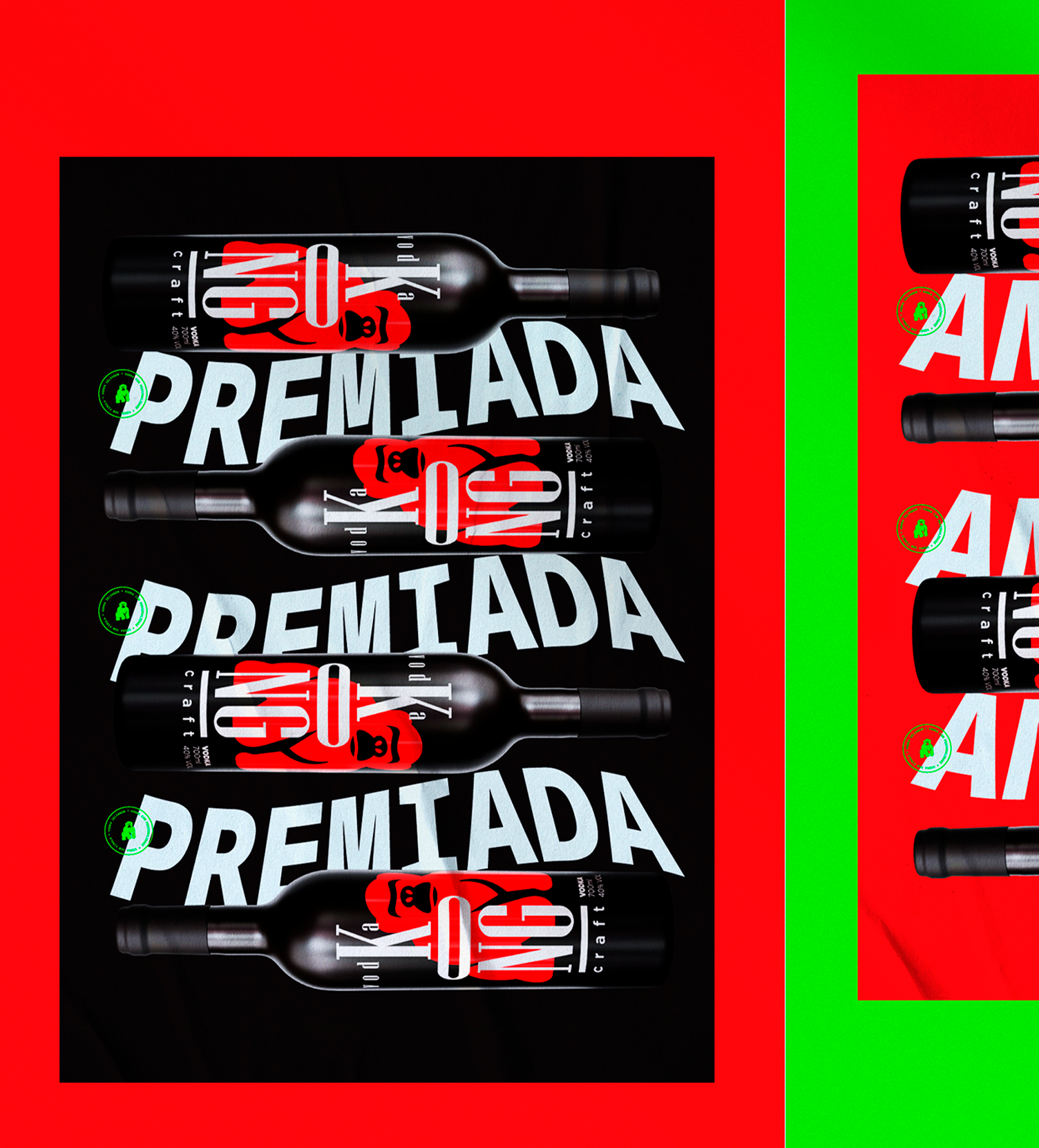 KONG Vodka Um cartaz com garrafas de vinho e as palavras premiada nele.