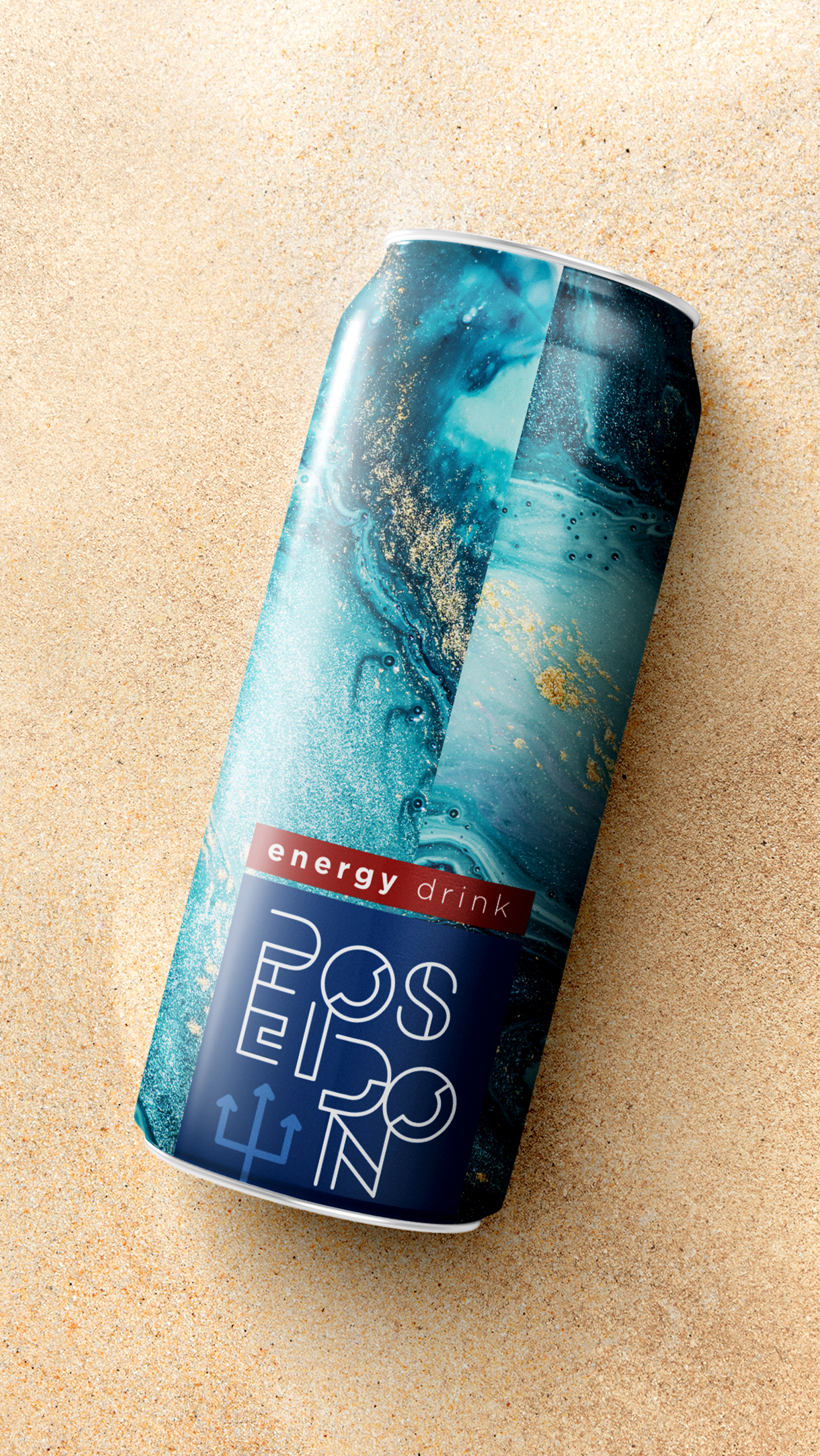 Poseidon Energy Drink A can of beer is sitting on top of a sandy surface.