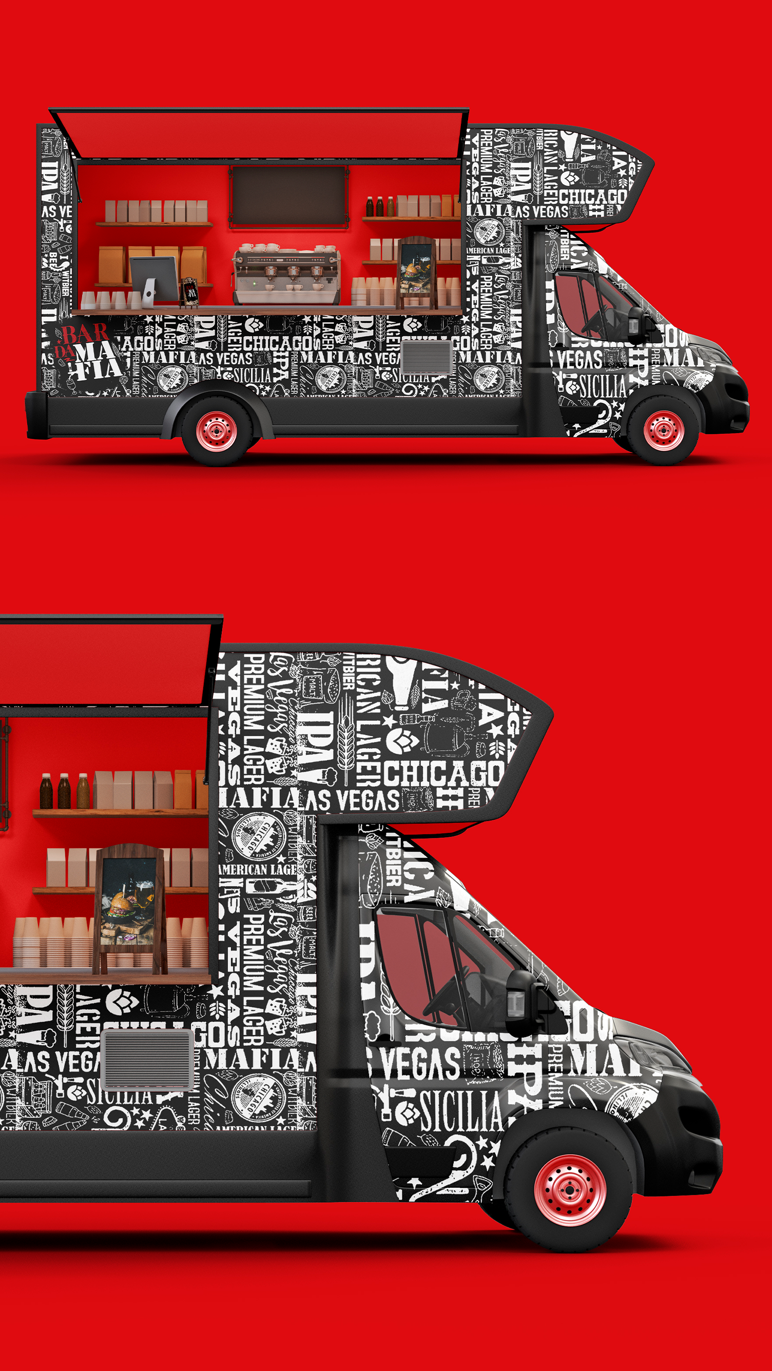 BAR DA MAFIA Um food truck preto e branco com fundo vermelho.