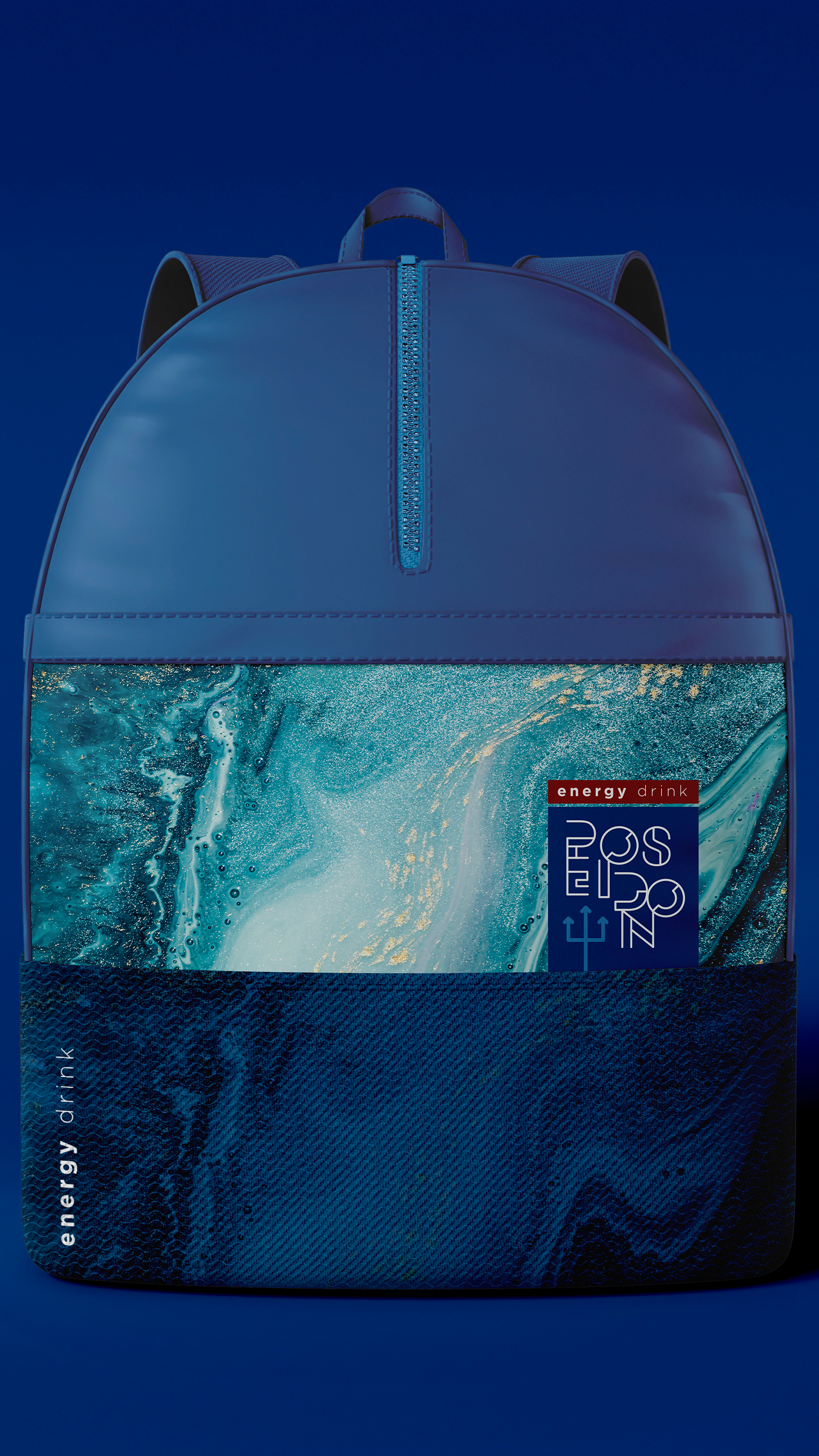 Poseidon Energy Drink A blue backpack with a picture of a phone booth on it.