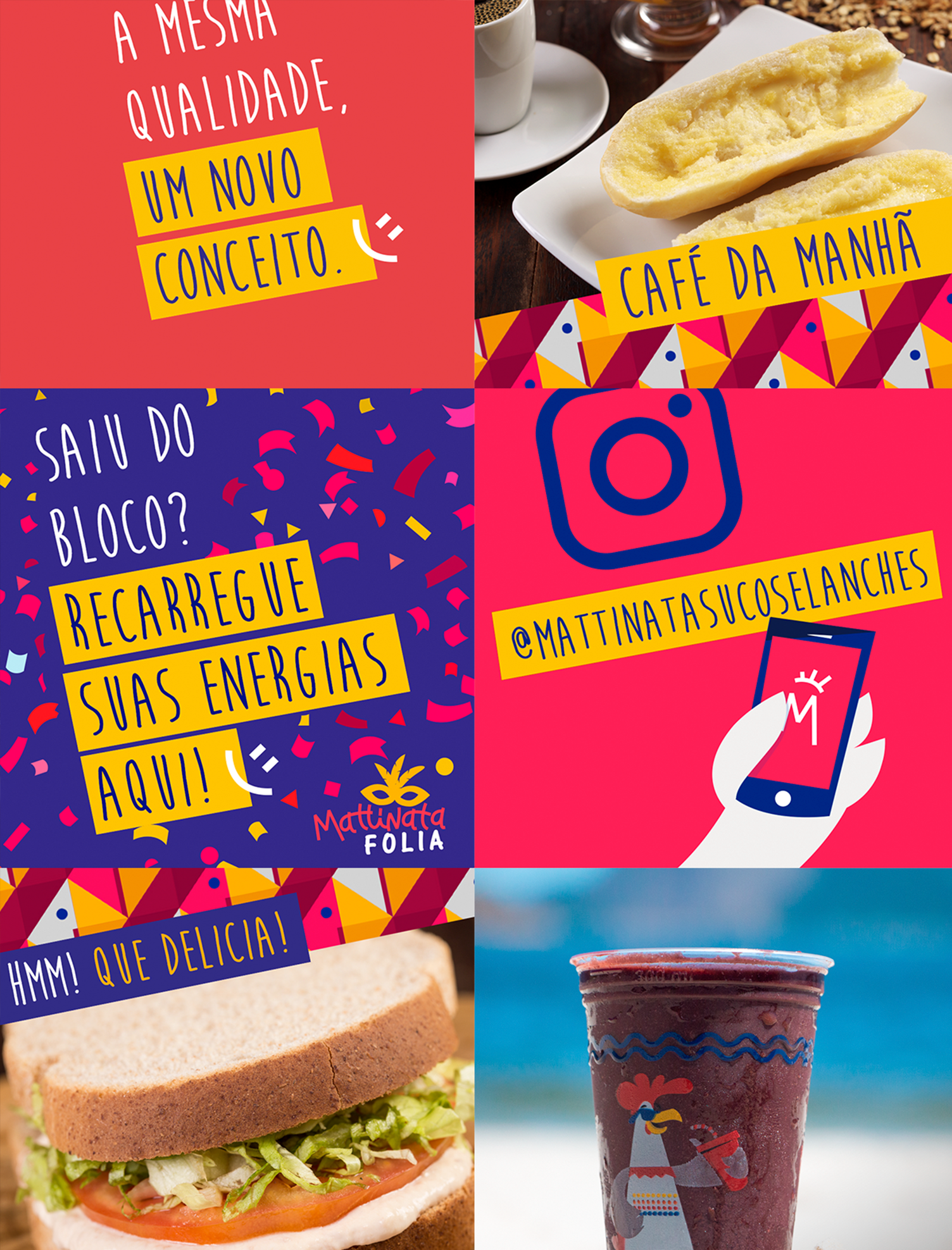 Uma colagem de imagens incluindo um sanduíche e um smoothie