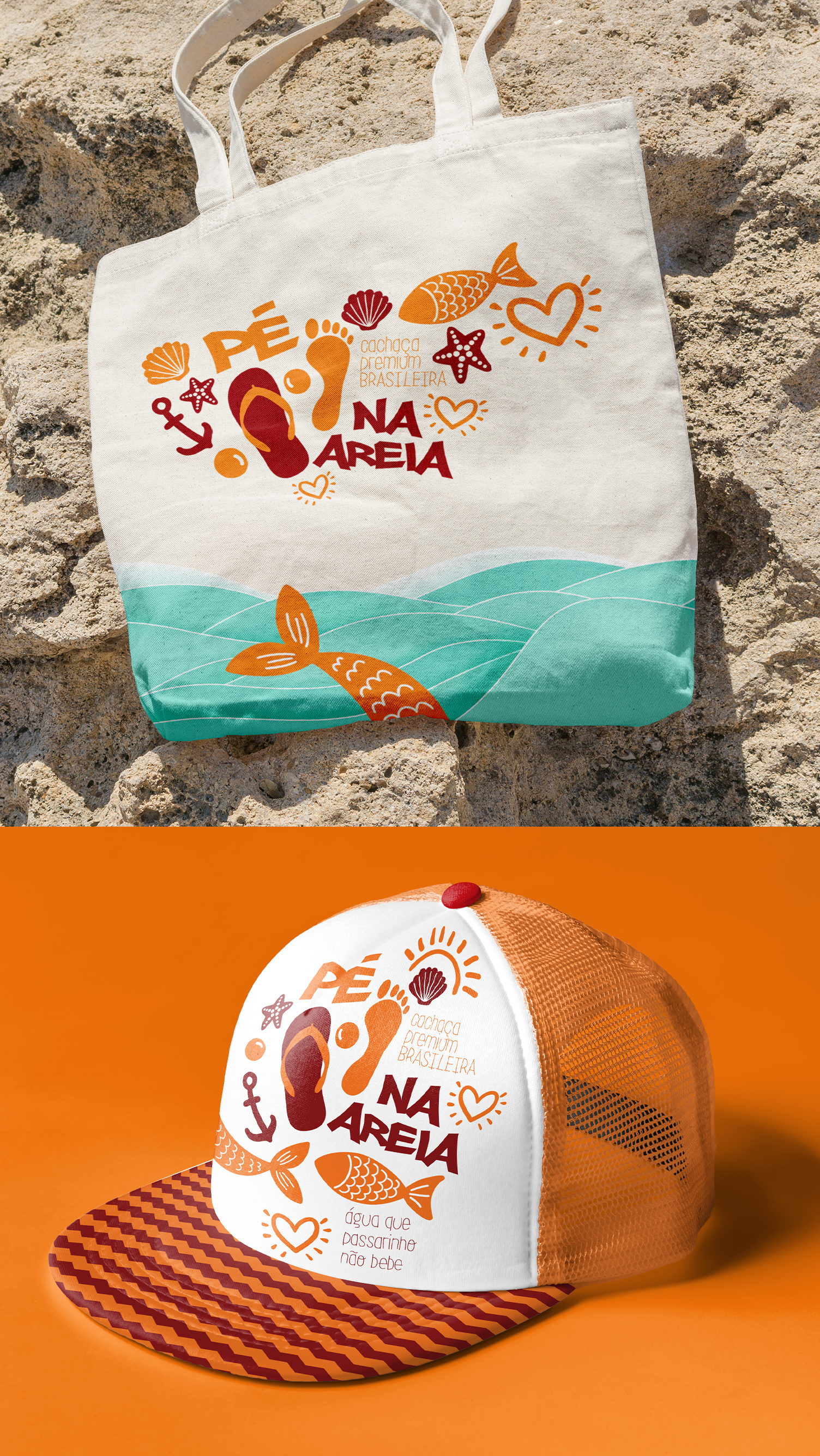Pé na Areia Cachaça Um conjunto de pegadas com as palavras na areia