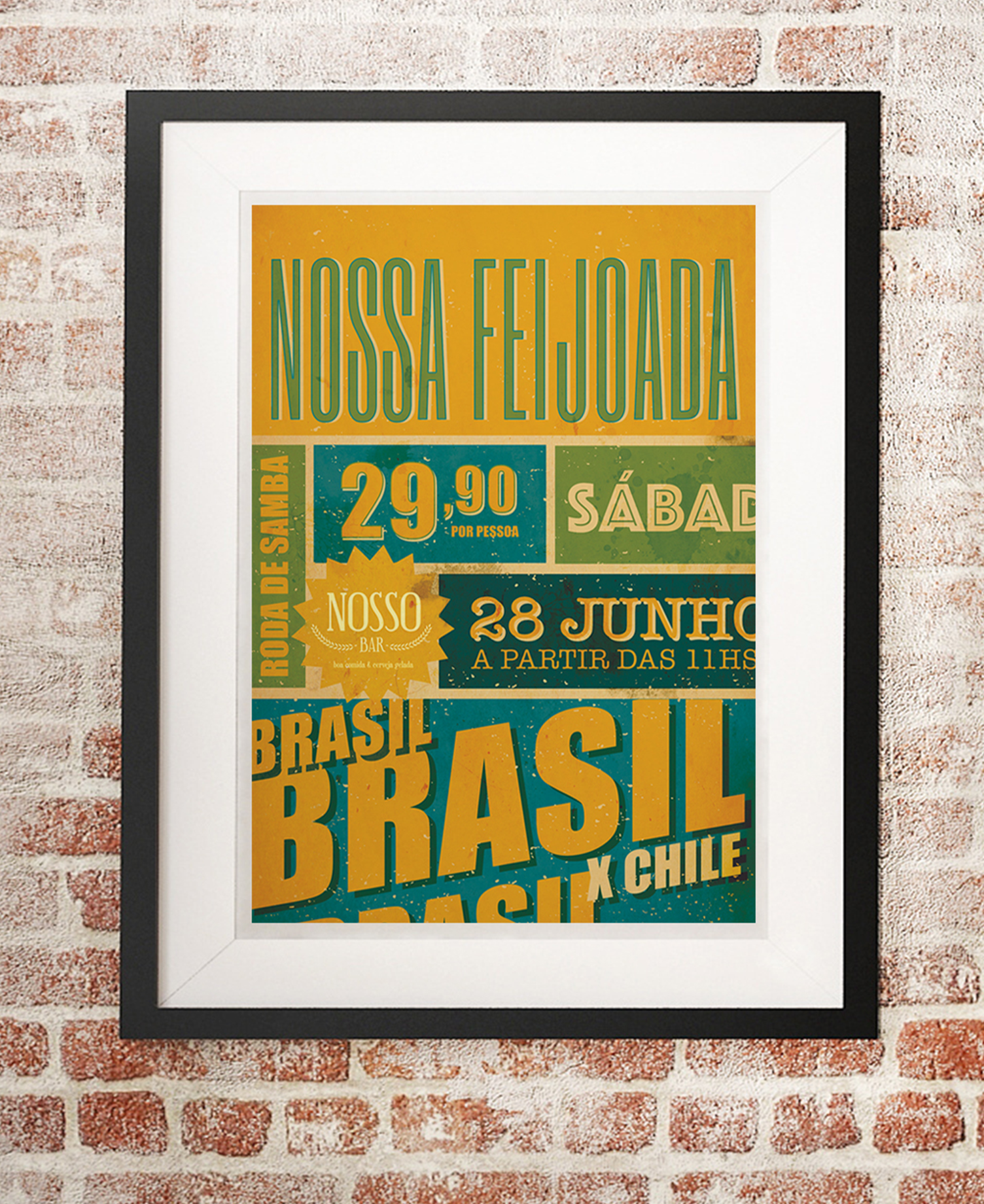 A framed poster on a brick wall that says nossa feijoada