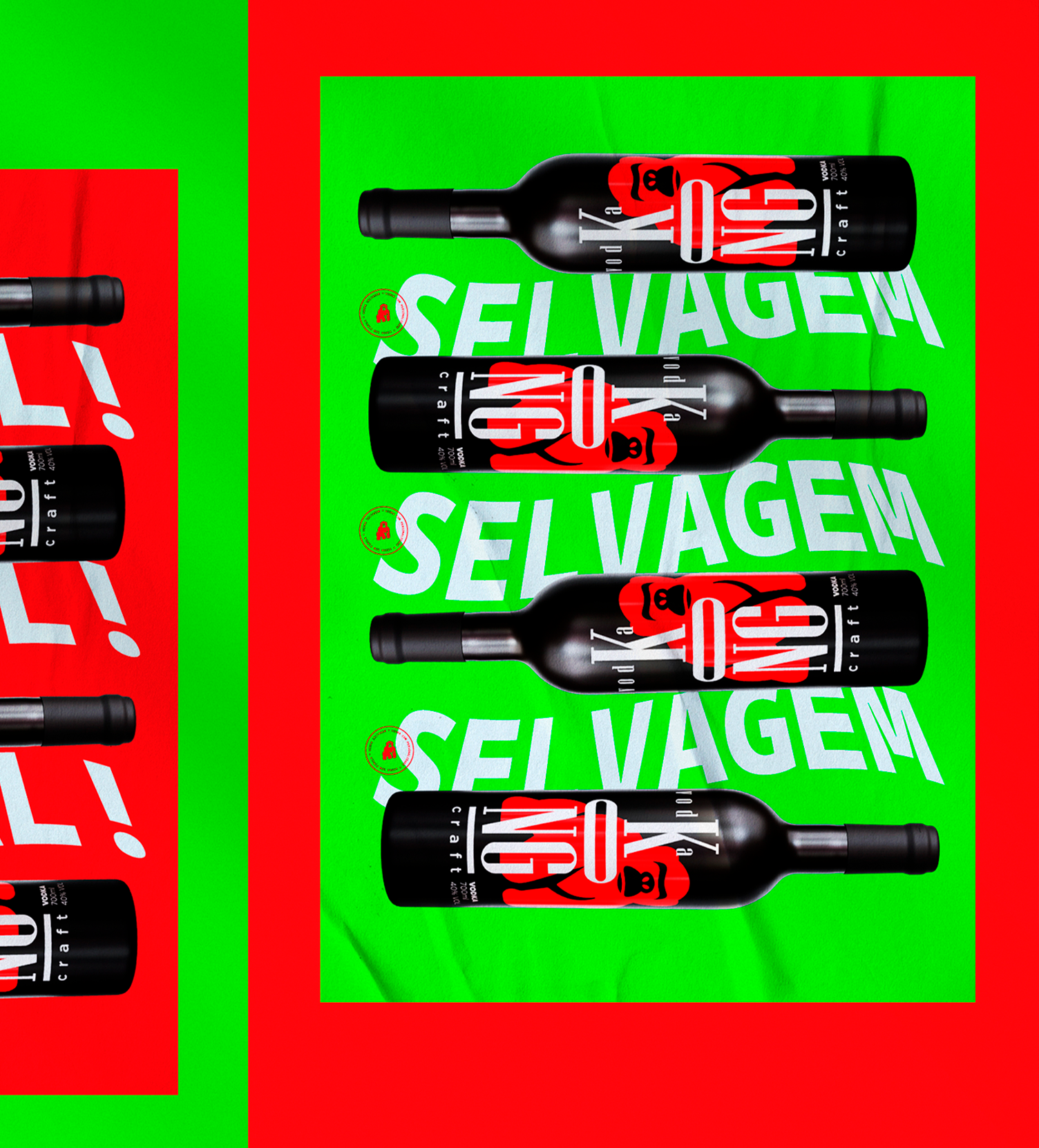KONG Vodka Um pôster com garrafas de vinho e as palavras selvagem nele