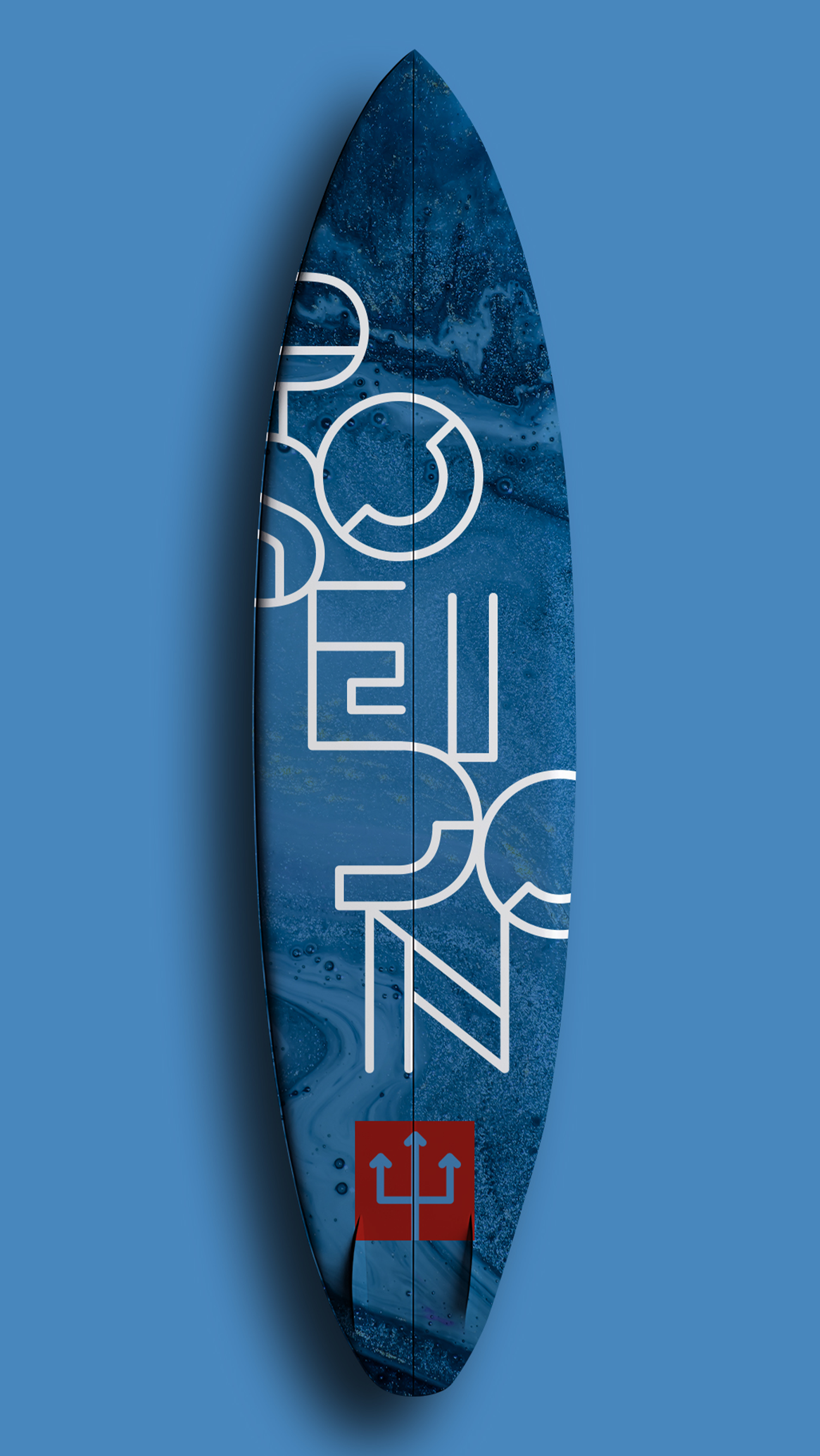 Poseidon Energy Drink A blue surfboard with chinese writing on it