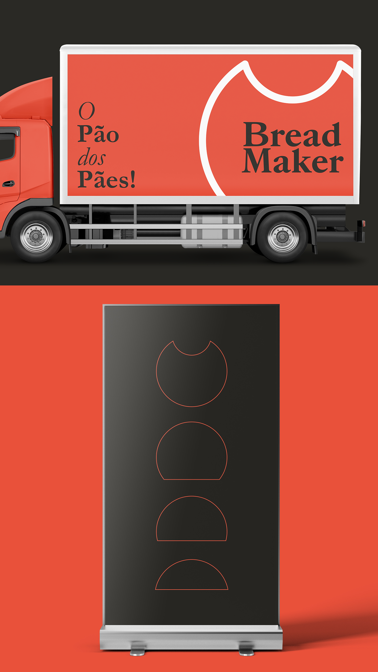 Bread Maker Design Um homem está segurando um hambúrguer na frente de uma multidão de pessoas.