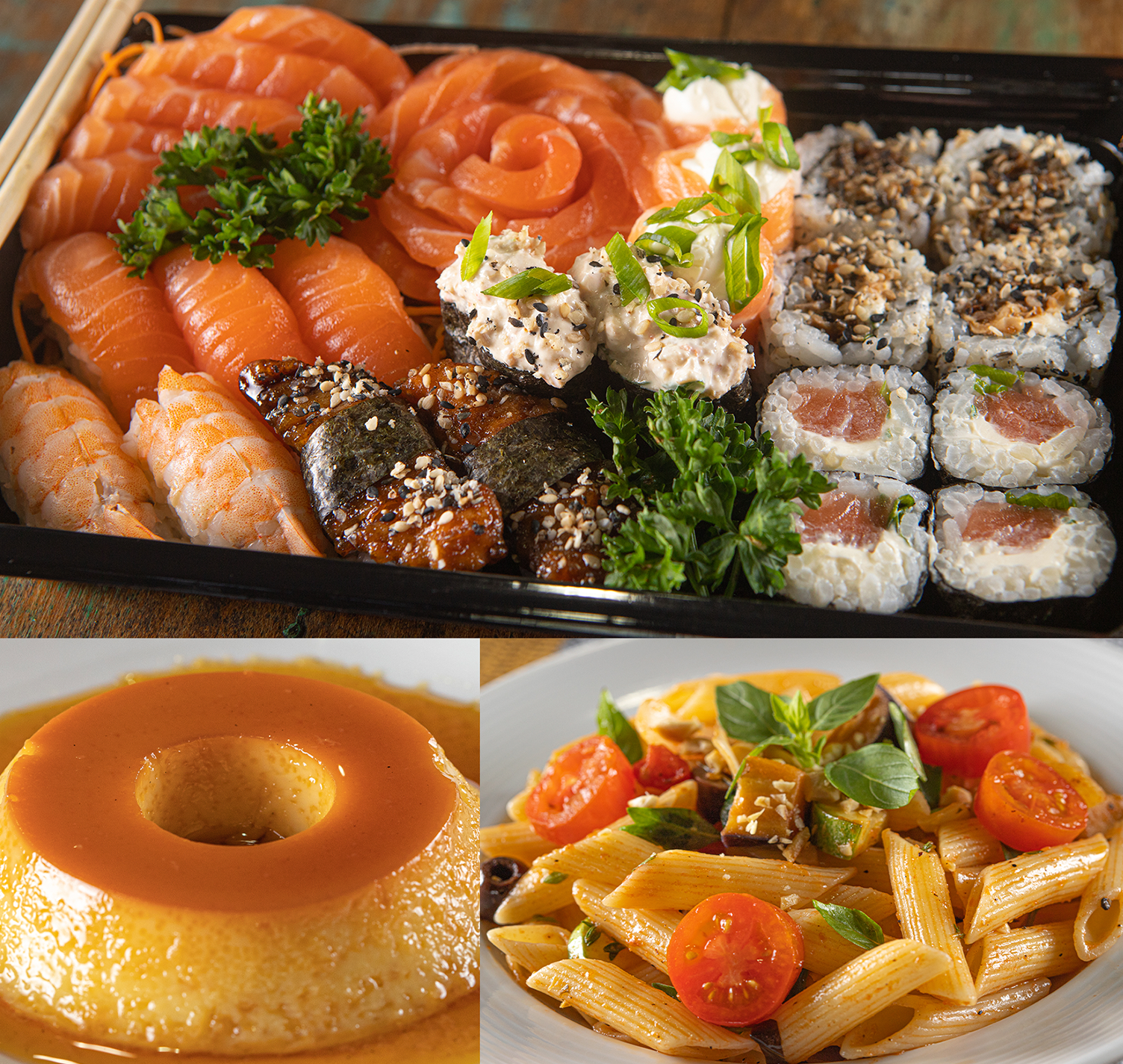 Country Club Niterói Uma colagem de três tipos diferentes de comida, incluindo sushi e massas