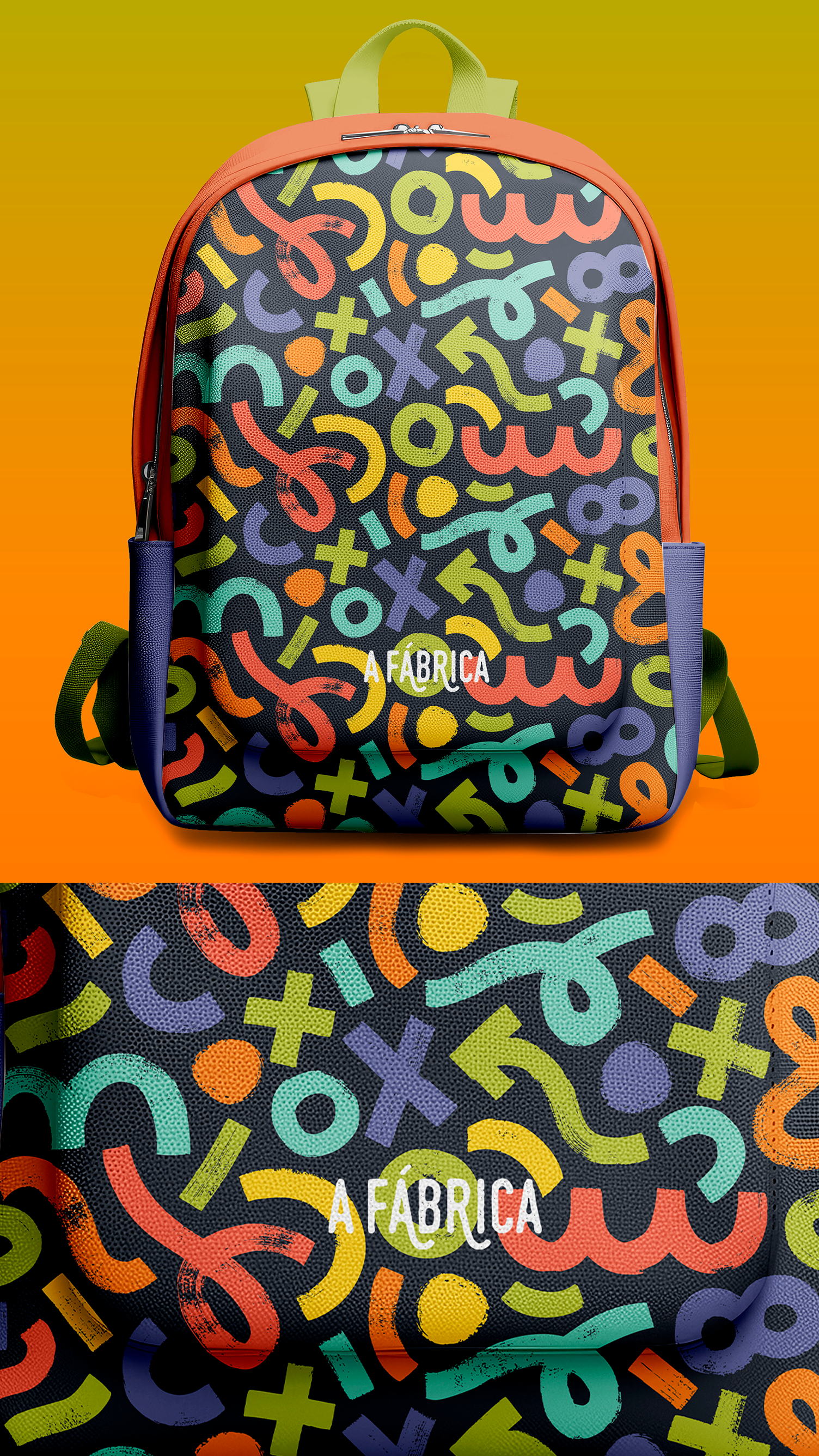 Uma mochila colorida com um padrão de letras e números.