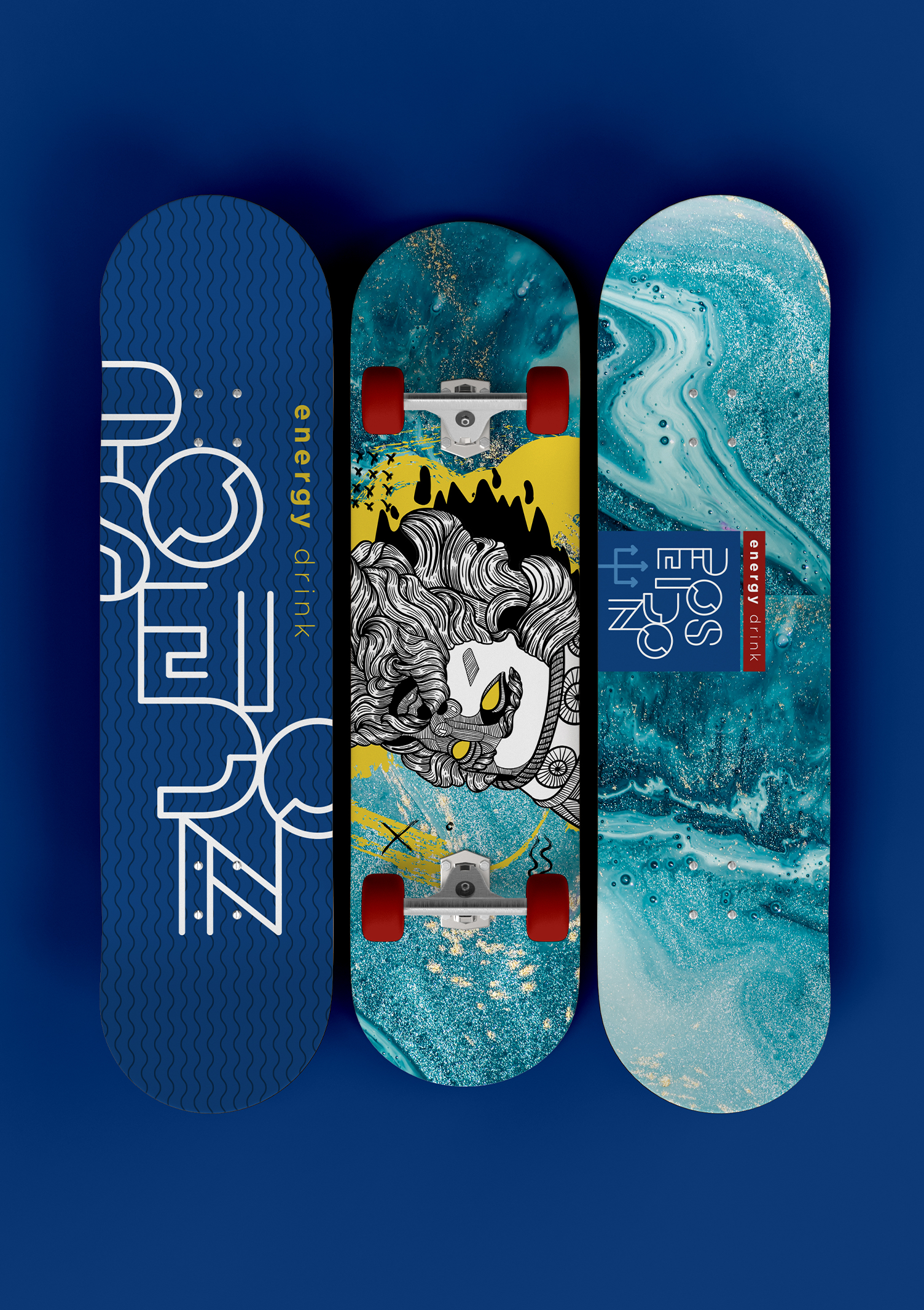 Poseidon Energy Drink Three skateboards are stacked on top of each other on a blue background