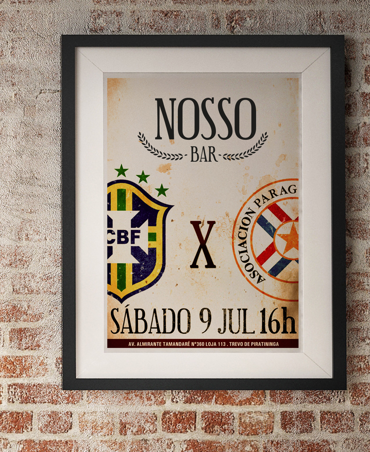A framed poster on a brick wall that says nosso sabado 9 jul 16h