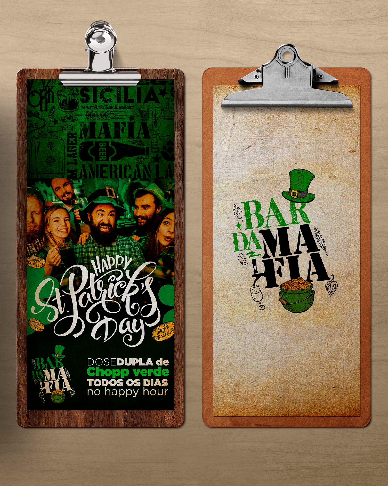 BAR DA MAFIA Uma prancheta com um anúncio do dia de São Patrício