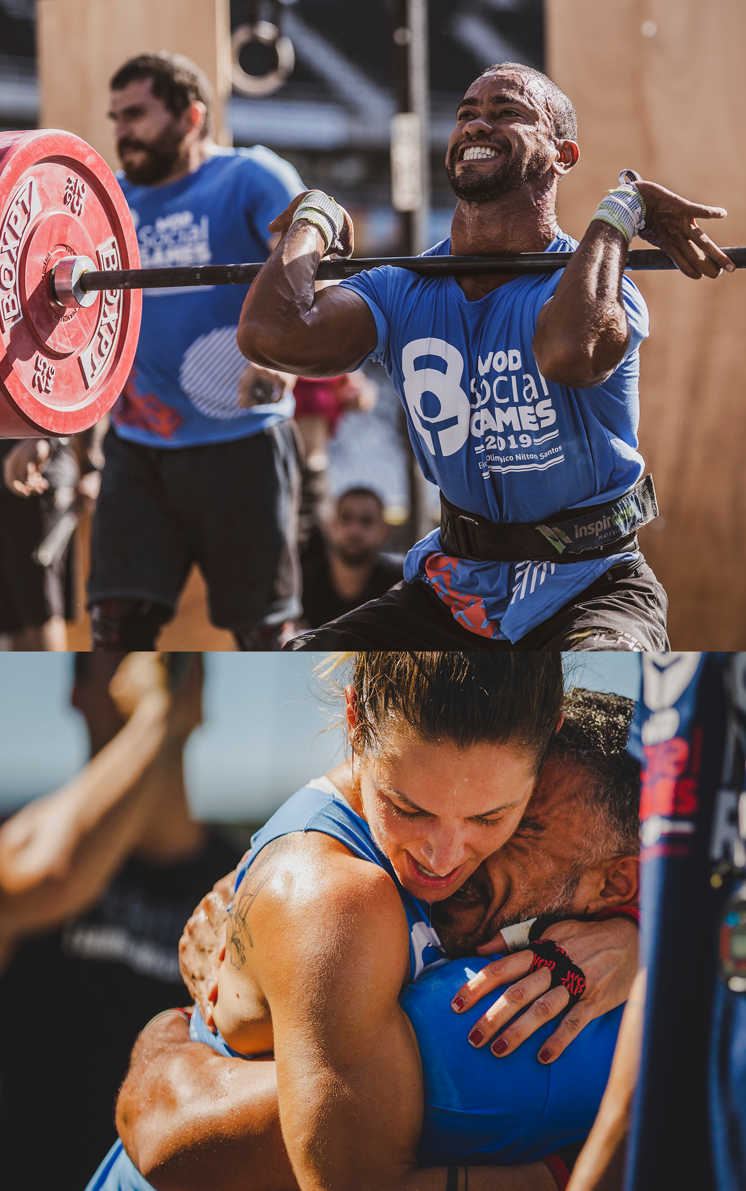 Wod Social Games Crossfit Um homem está levantando uma barra e uma mulher o abraça.