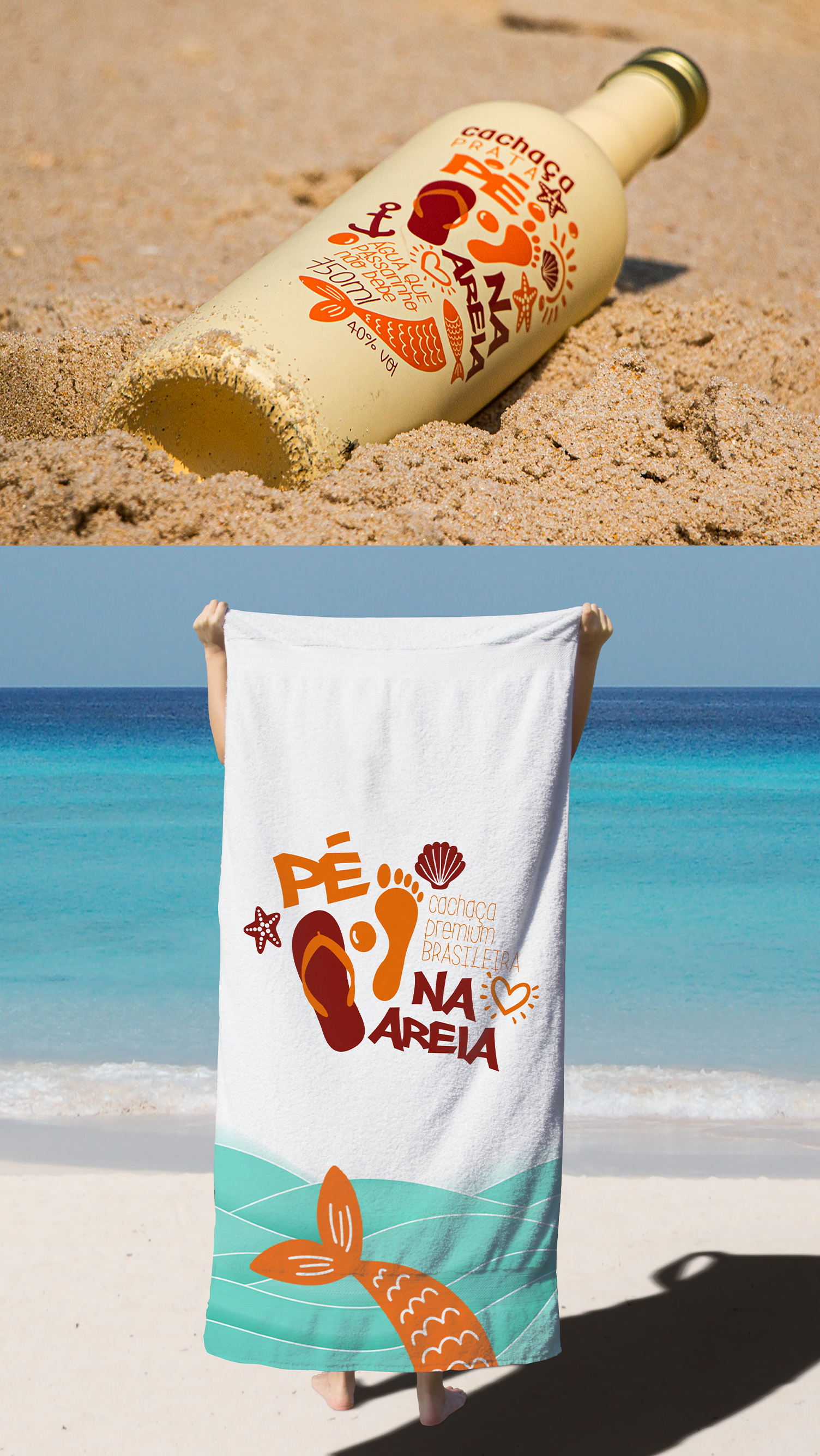 Pé na Areia Cachaça Um conjunto de pegadas com as palavras na areia