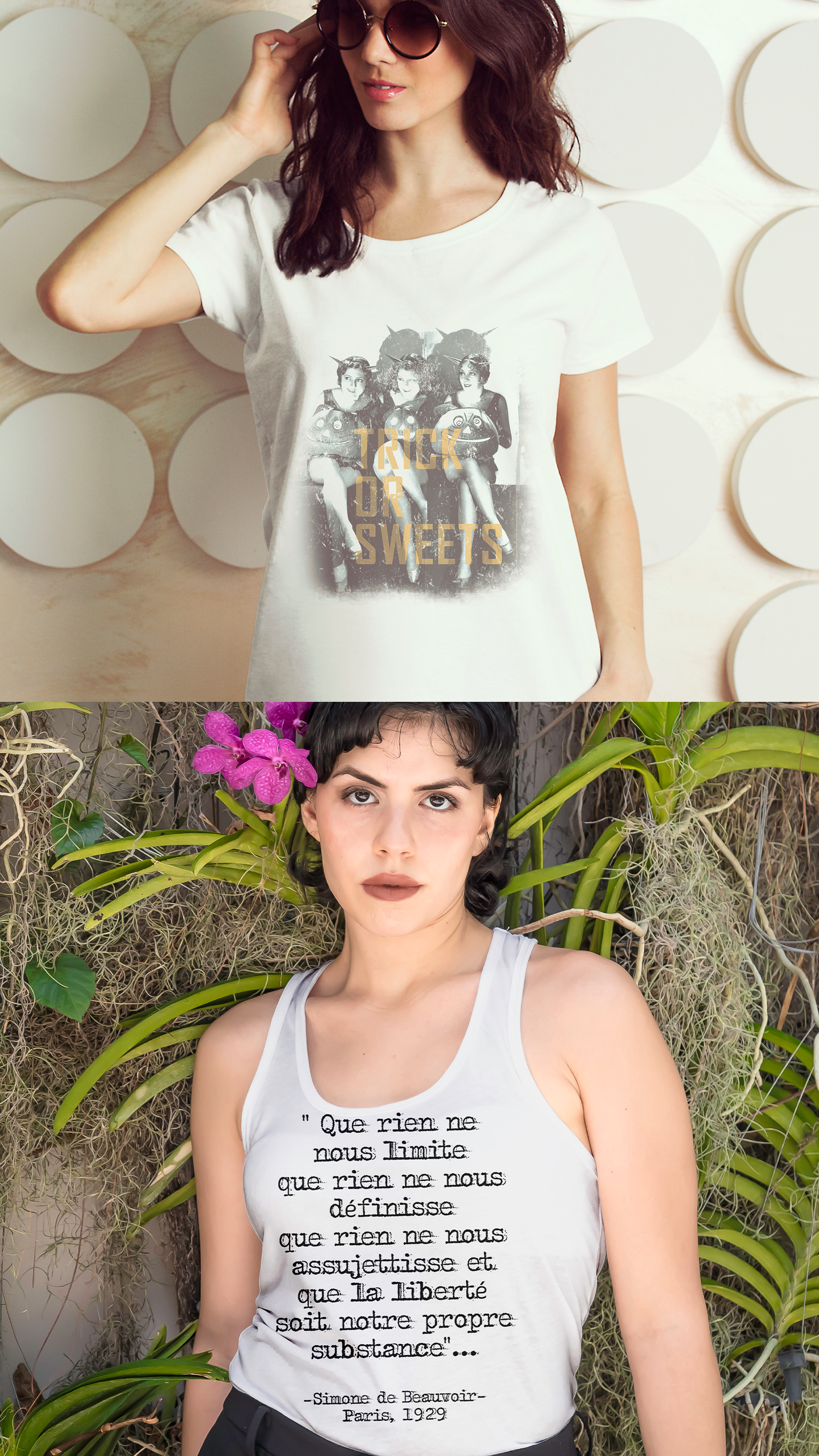 Uma mulher vestindo uma camiseta branca e uma regata