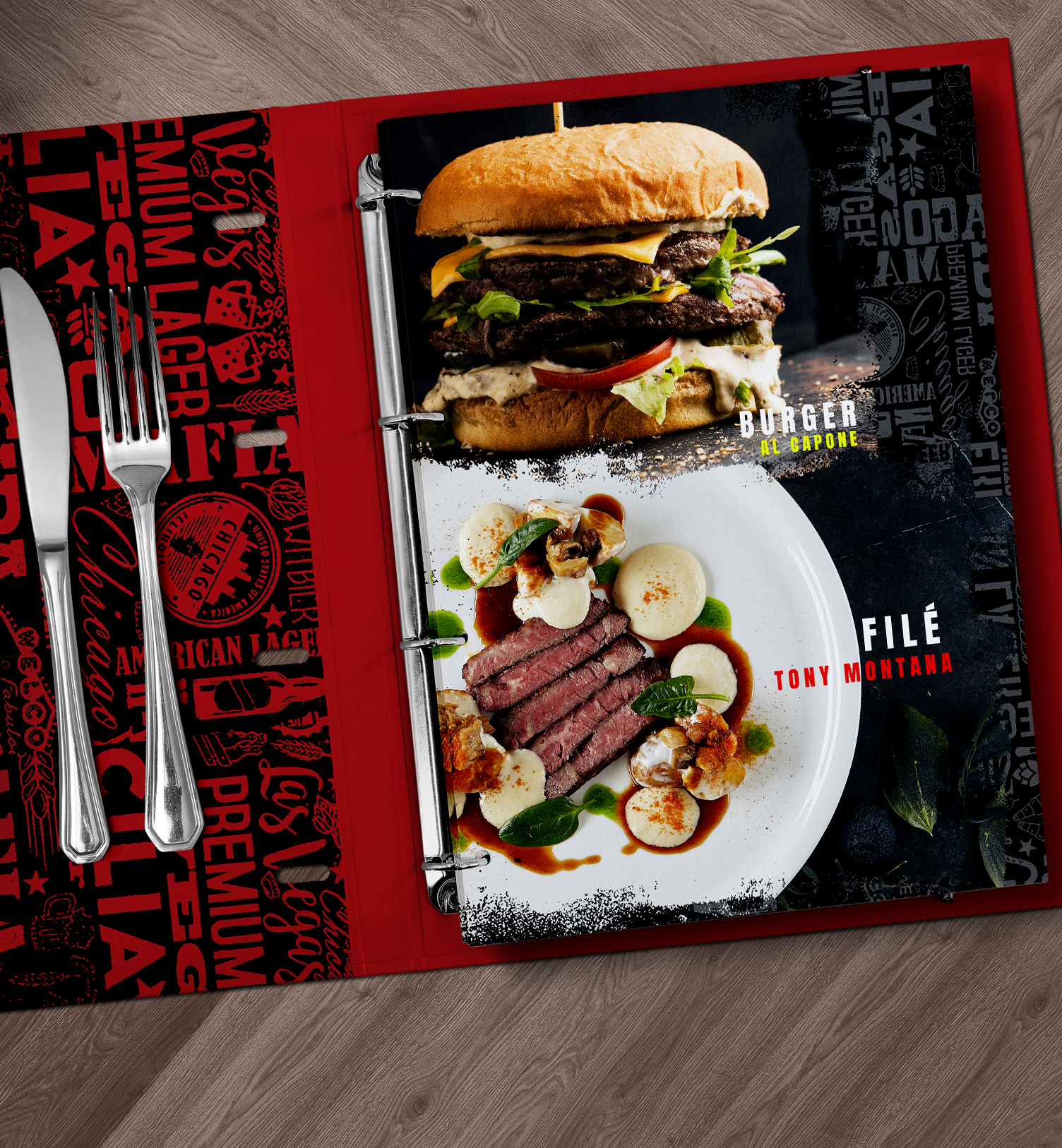 BAR DA MAFIA Um menu com um hambúrguer e um prato de comida