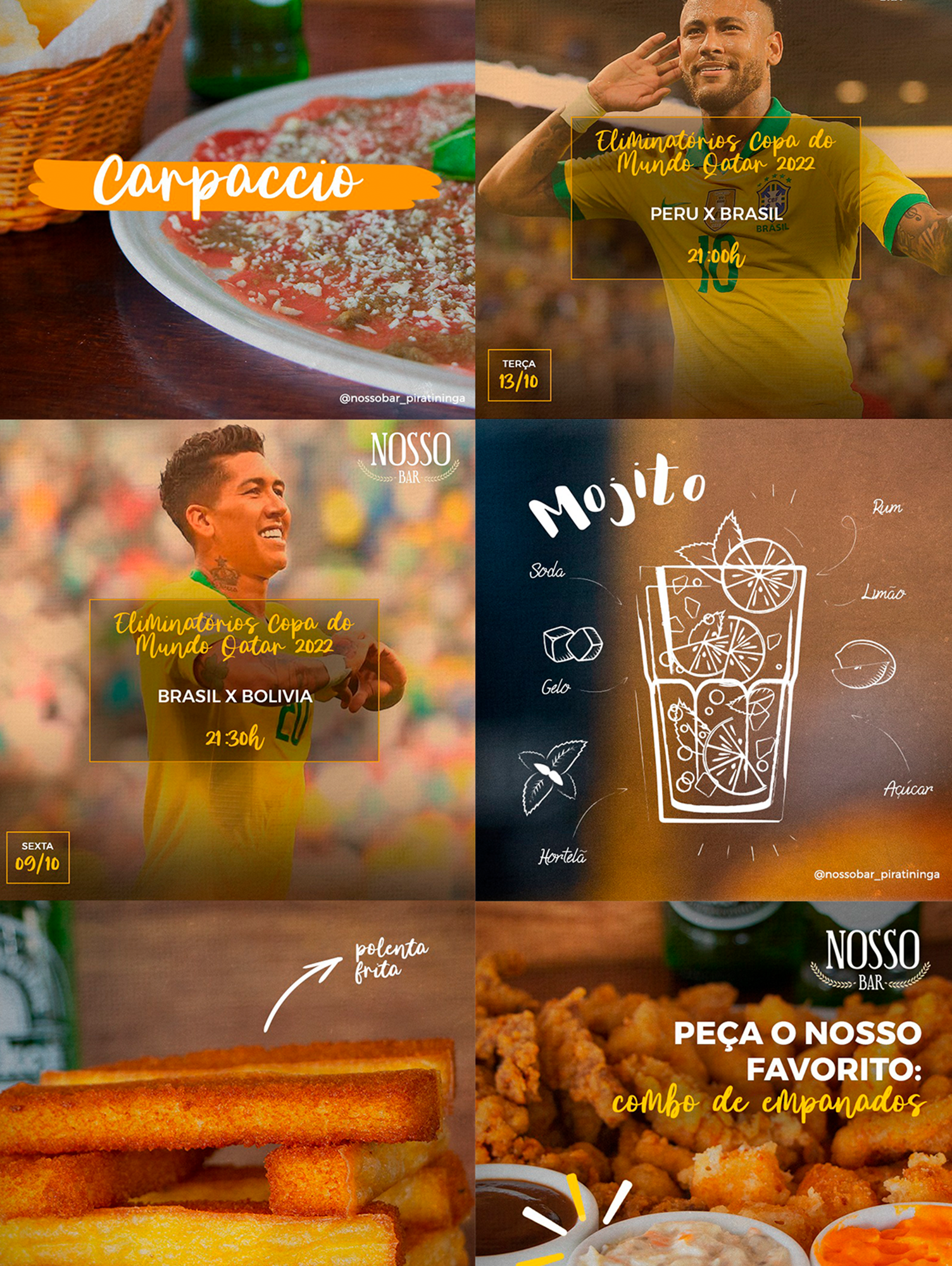 A collage of pictures of food and drinks with a man in a yellow shirt.