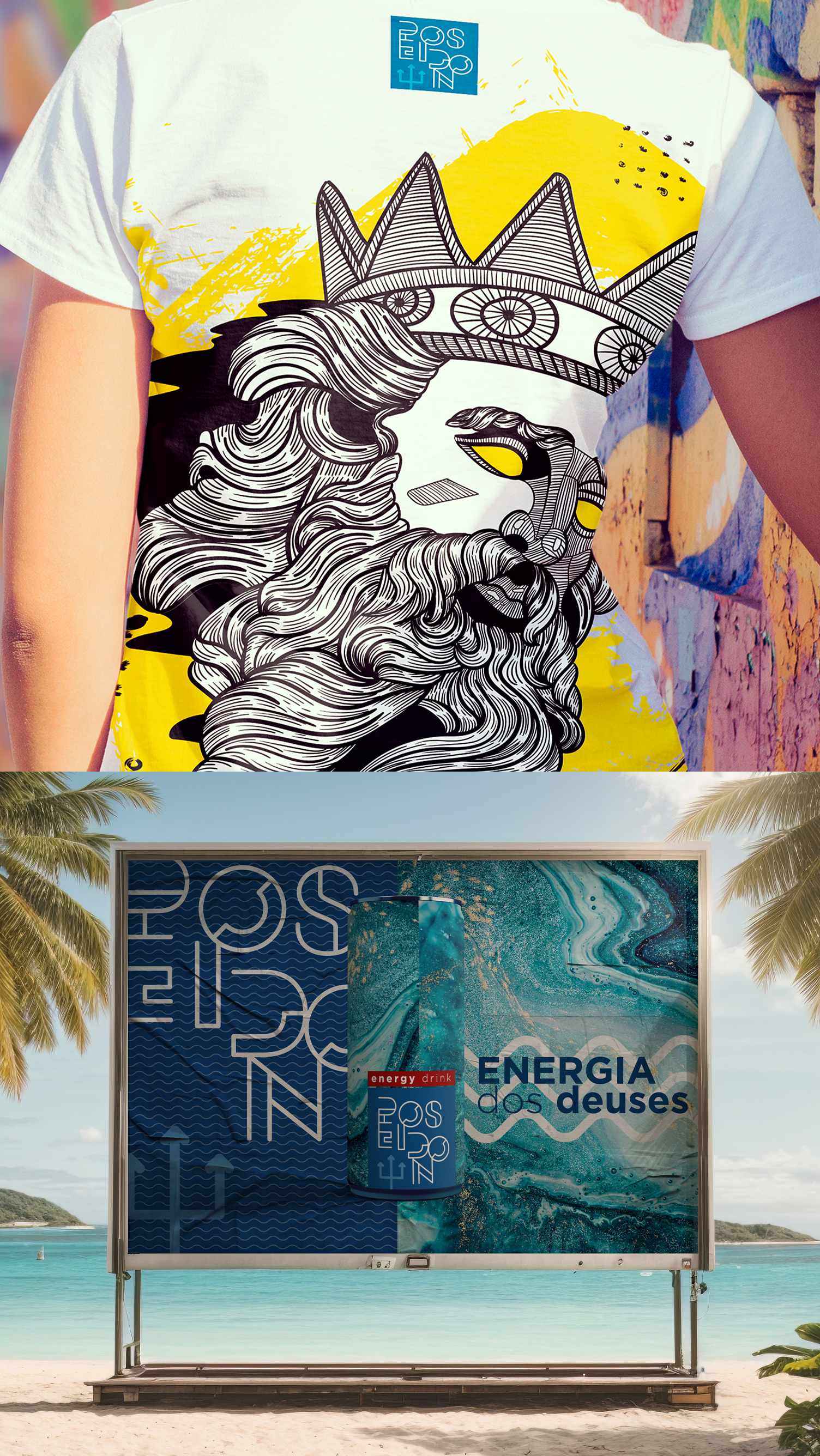 Poseidon Energy Drink A person is wearing a t-shirt with a crown on it.
