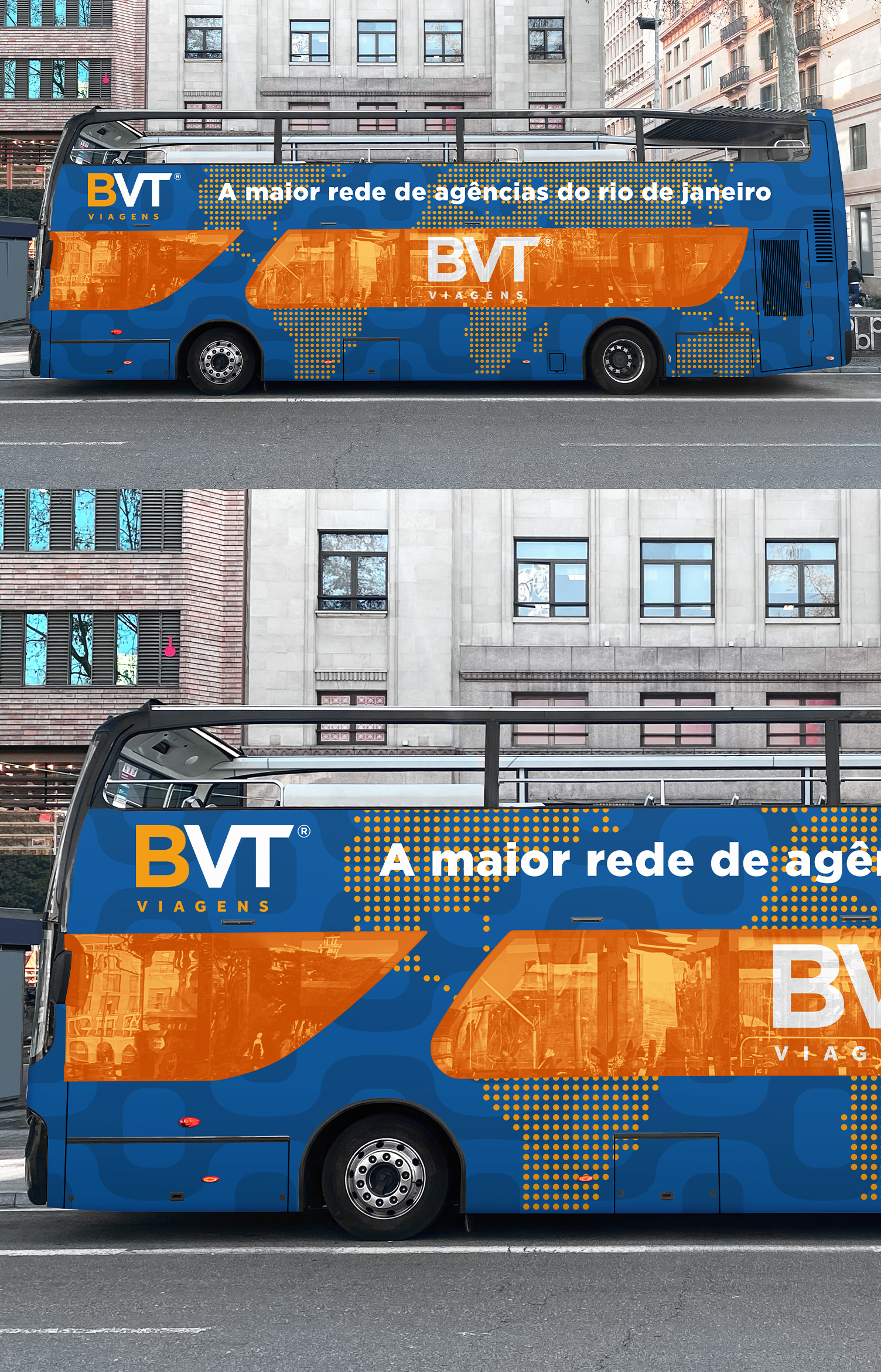BVT Viagens Um ônibus de dois andares azul e laranja com BVT escrito na lateral