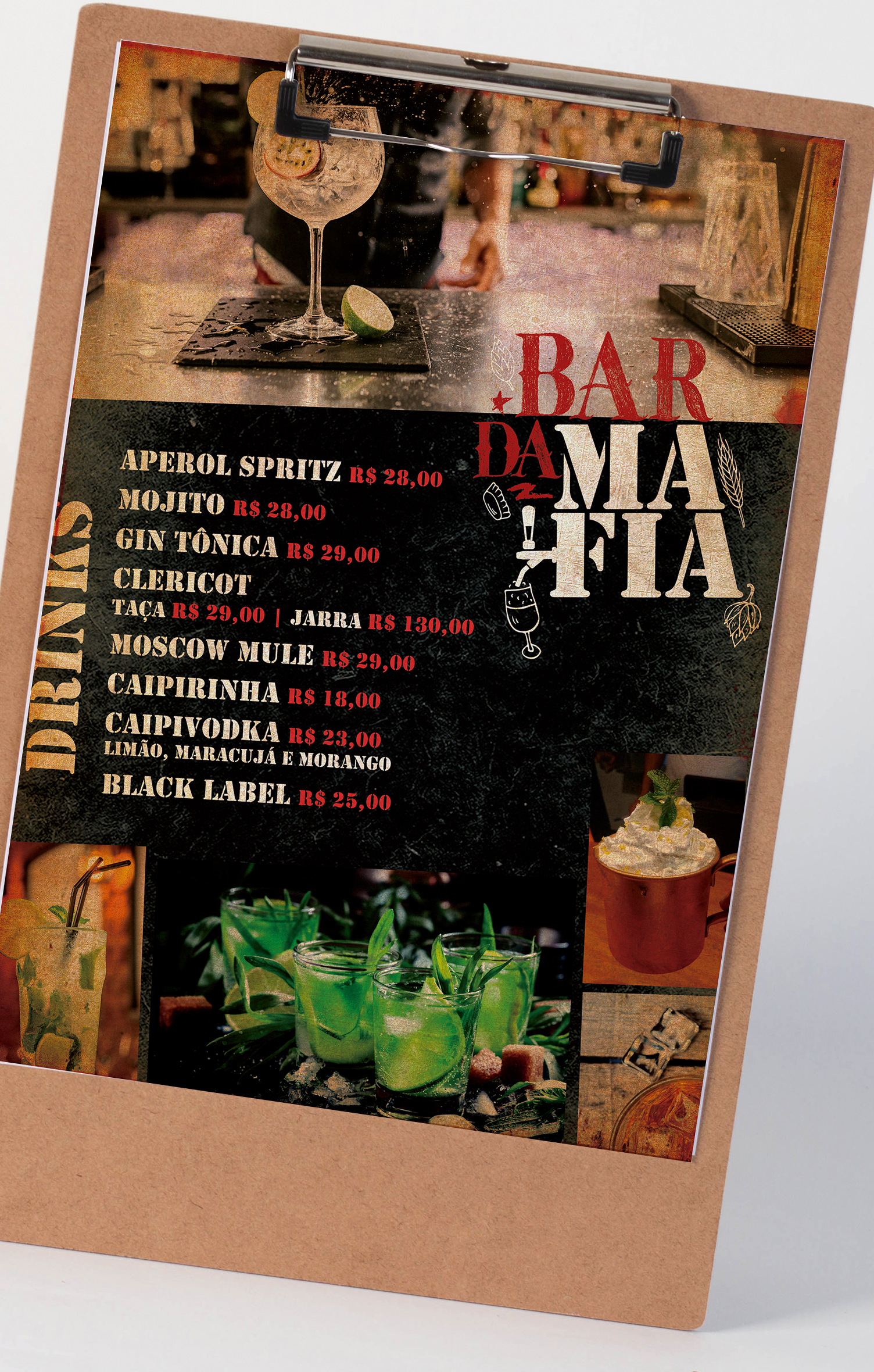 BAR DA MAFIA Um menu para um bar que inclui bebidas