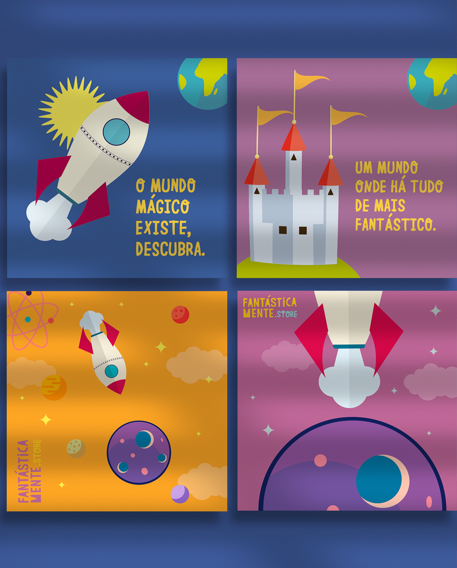 Um conjunto de quatro pôsteres com um foguete e um castelo